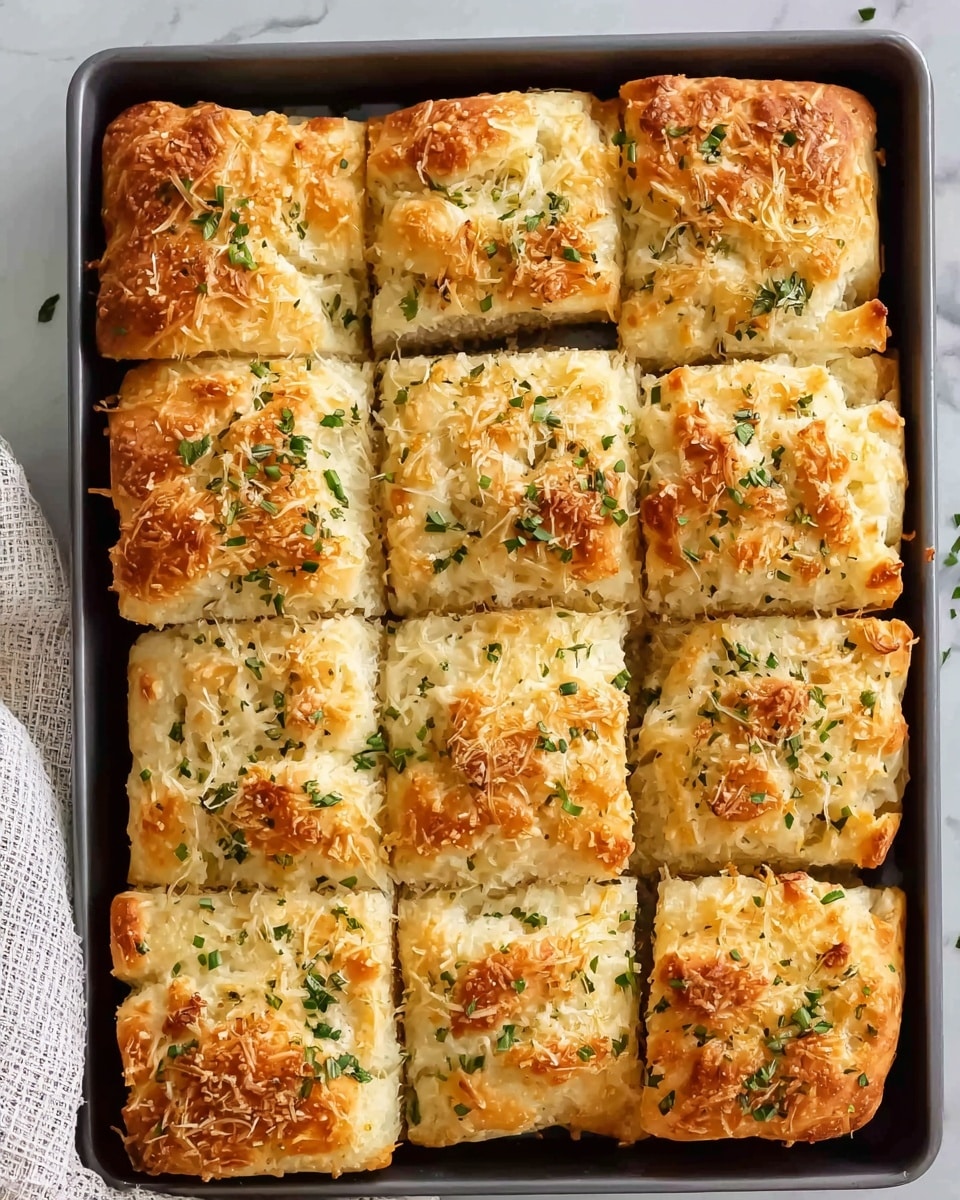 A baking pan filled with twelve square pieces of golden-brown garlic bread arranged in a 3 by 4 grid. Each piece has a crispy, slightly bubbly top layer sprinkled with finely shredded cheese and small bits of green herbs scattered throughout. The bread’s texture looks soft and fluffy inside with a light crust on the edges. The pan is placed on a white marbled texture surface with a bit of cloth visible on the side. Photo taken with an iphone --ar 4:5 --v 7