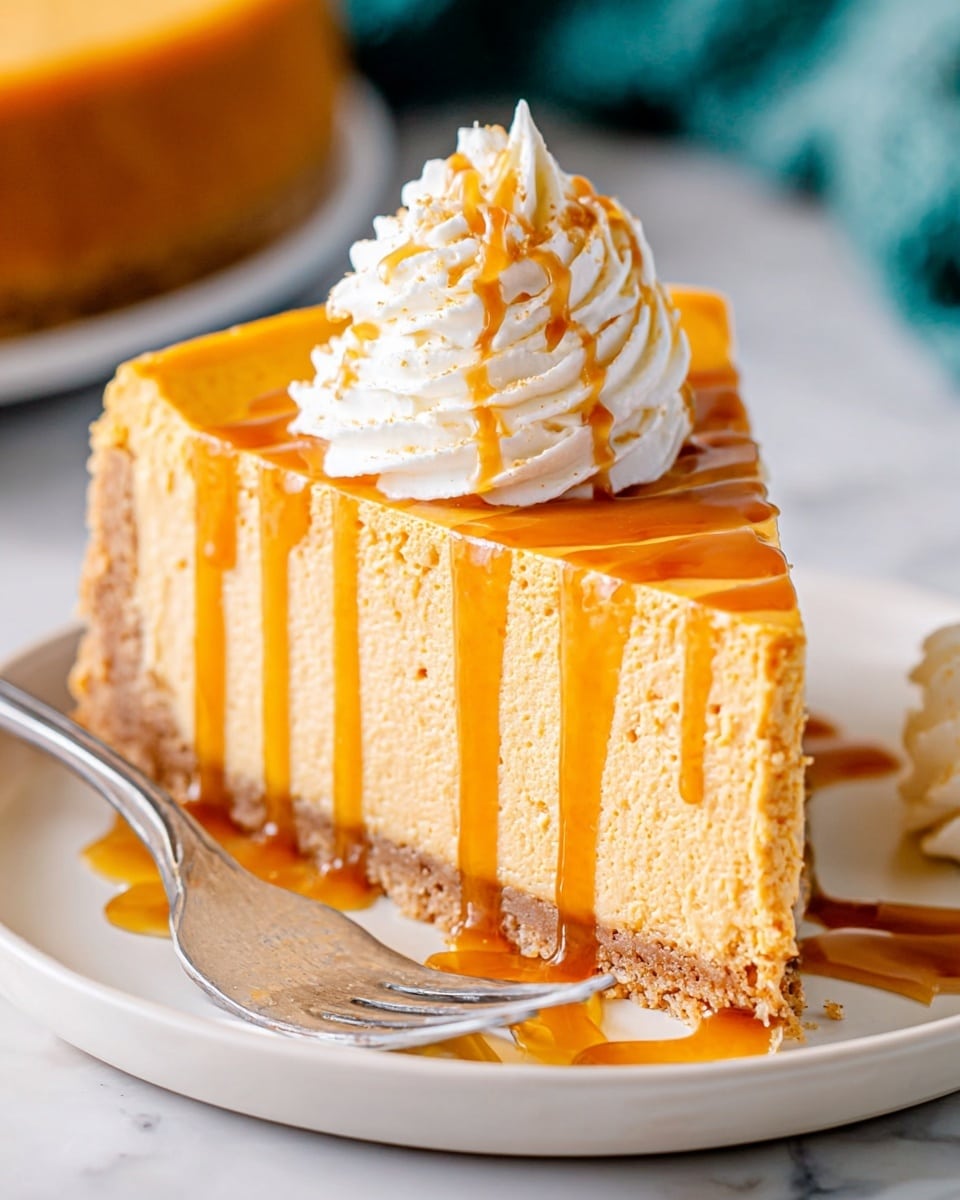 A slice of creamy pumpkin cheesecake sits on a white plate, showing two main layers: a light brown, crumbly crust base and a thick, smooth orange pumpkin cheesecake layer above it. The cheesecake is topped with a swirl of white whipped cream, drizzled with golden caramel sauce that runs down the sides and pools slightly on the plate. A silver fork rests on the plate next to the cheesecake, all set on a white marbled surface. Photo taken with an iphone --ar 4:5 --v 7