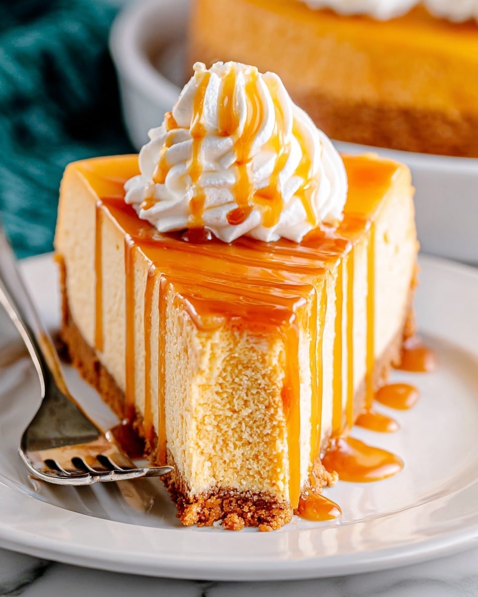 A slice of cheesecake is shown on a white plate with a silver fork on the left side. The cheesecake has two layers: a crumbly brown crust at the bottom and a thick, creamy light orange layer above it. The top is smooth and covered with glossy caramel sauce that drips down the sides. A swirl of white whipped cream with caramel drizzle sits on top of the slice. The plate is placed on a white marbled surface. Photo taken with an iphone --ar 4:5 --v 7