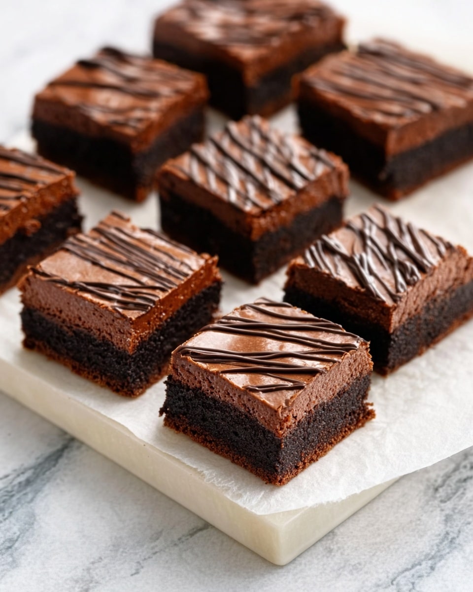 The image shows eight square brownie pieces arranged on a white rectangular tray with parchment paper underneath. Each brownie has two clear layers: a dark, dense chocolate base and a lighter, glossy chocolate topping with thin, darker chocolate zigzag lines on top. The texture of the base looks fudgy and moist, while the top layer is smooth and shiny. The brownies are placed on a white marbled surface, and the lighting highlights their rich chocolate color and fine texture well. Photo taken with an iphone --ar 4:5 --v 7