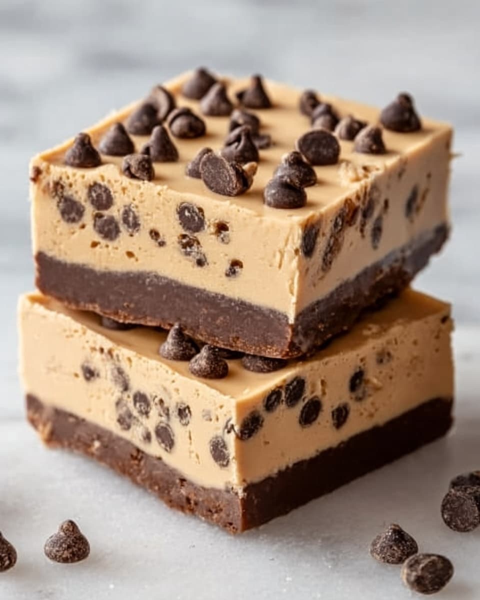 The image shows two square-shaped peanut butter chocolate bars stacked on top of each other, placed on a white marbled surface. Each bar has three clear layers: the bottom layer is a thin, dark chocolate base; the middle layer is thick and creamy light peanut butter with visible dark chocolate chips mixed inside; the top layer is a smooth peanut butter spread decorated with scattered dark chocolate chips. The bars have clean edges, showing the contrast between the dark and light layers clearly. Photo taken with an iphone --ar 4:5 --v 7