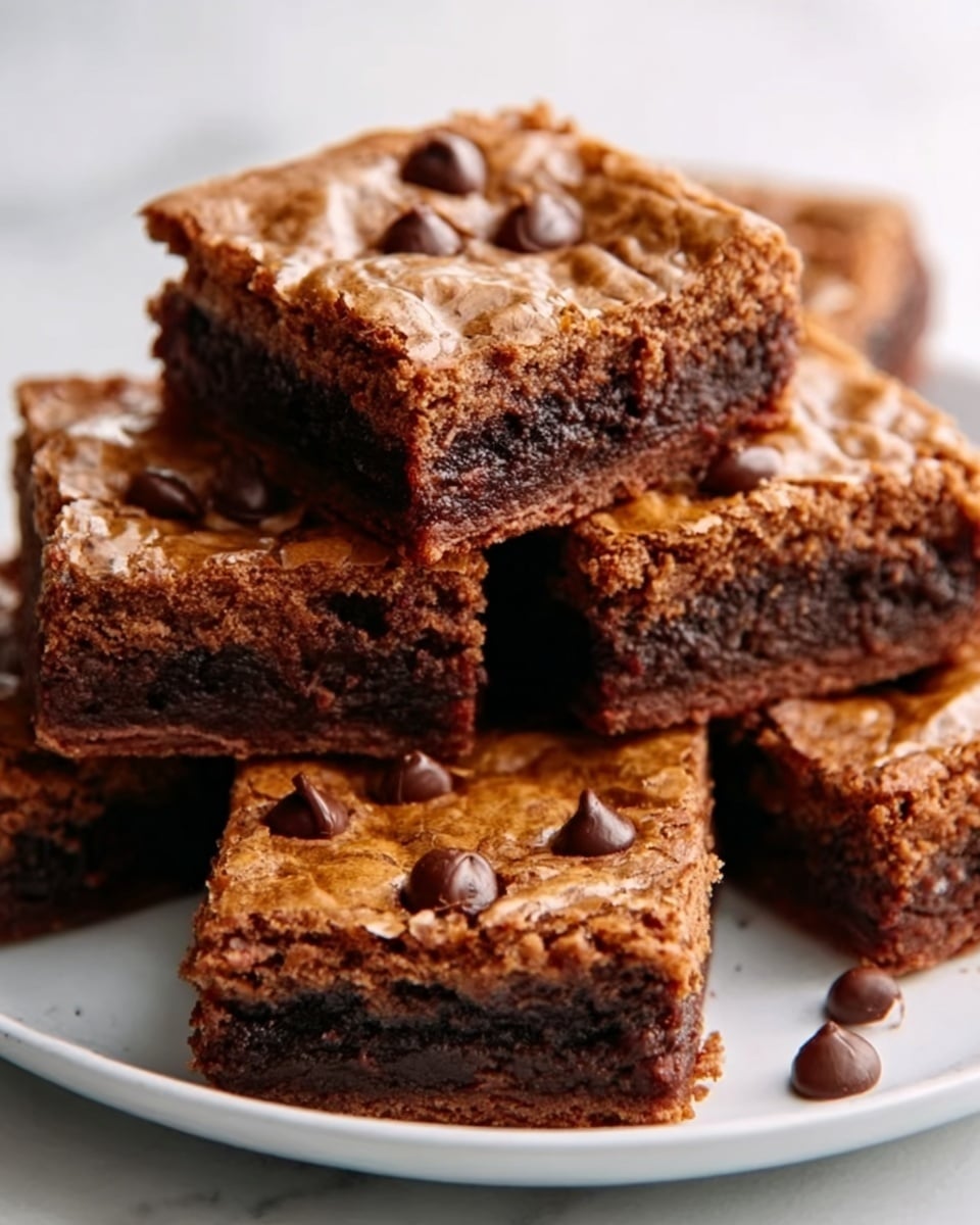 A close-up of six square-shaped brownies stacked in a pile on a white plate. Each brownie has a shiny, slightly cracked top layer with a golden brown color. The middle layer is dense and moist with a dark chocolate texture. Scattered chocolate chips sit on top of each brownie, adding small round dark brown spots. The plate is on a white marbled surface. photo taken with an iphone --ar 4:5 --v 7