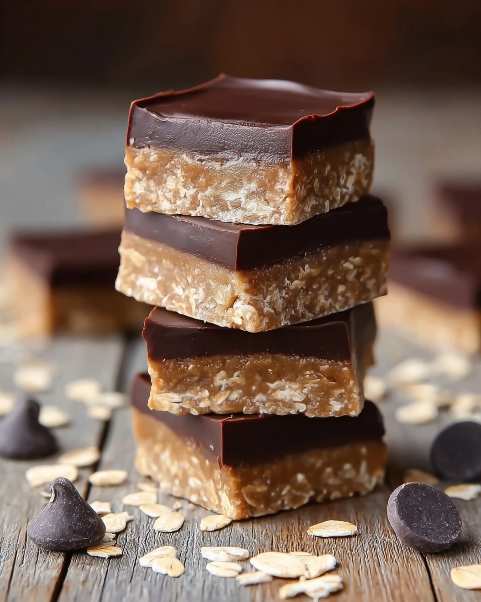 A stack of four square bars is shown, each with two layers: a thick bottom layer that is light brown with visible oats and a rough texture, and a thinner top layer of smooth, dark chocolate with a glossy finish. The bars are placed on a wooden surface with scattered oat flakes and a few dark chocolate chips around them. The background is softly blurred, highlighting the bars' details. photo taken with an iphone --ar 4:5 --v 7