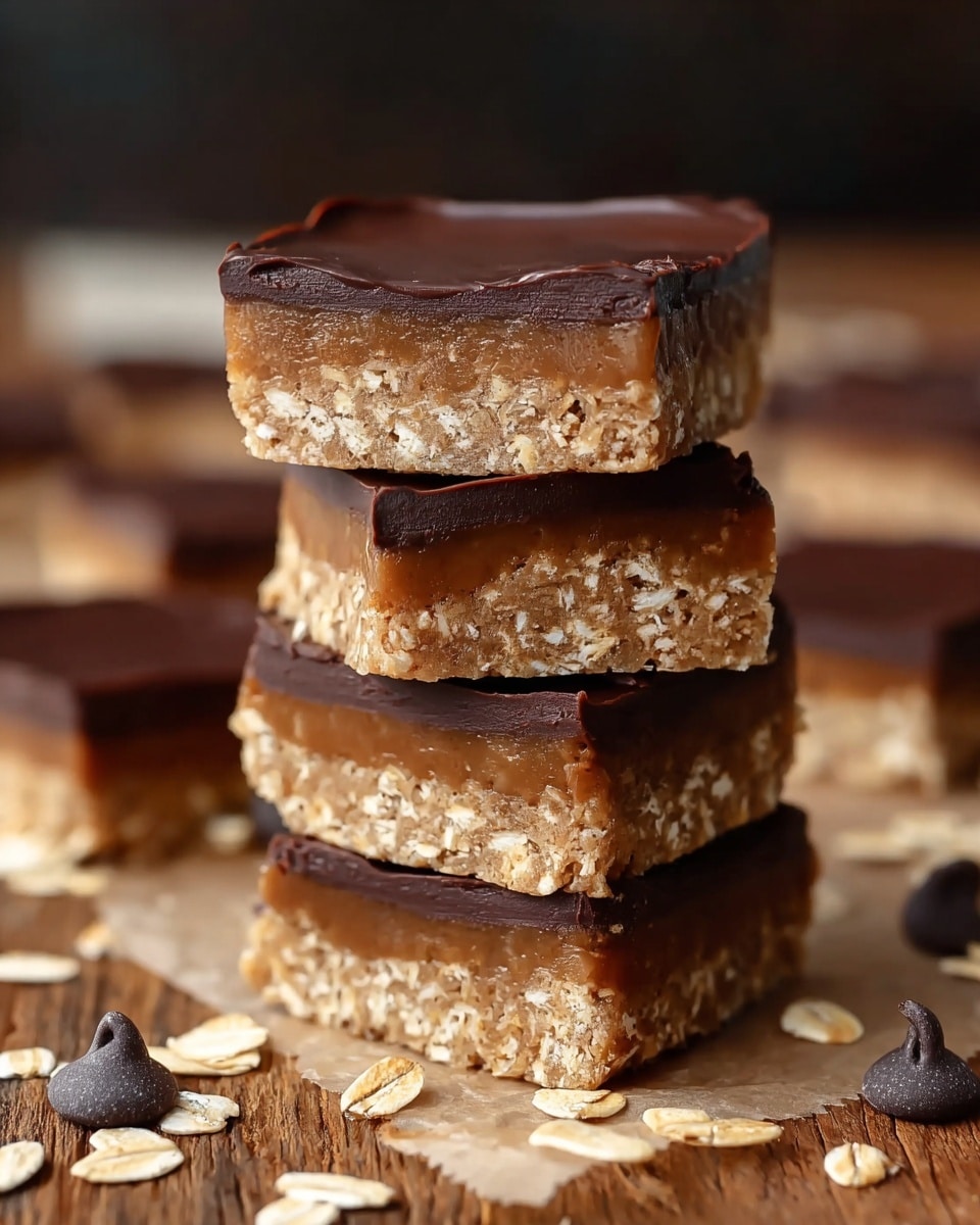 A tall stack of four square dessert bars is shown on a wooden surface with scattered oats and dark chocolate chips around them. Each bar has two layers: the bottom layer is a thick, textured beige oat mixture with visible flakes, and the top layer is a smooth, glossy dark chocolate evenly spread. The edges of the chocolate layer are slightly uneven, giving a homemade look. The background has more blurred dessert bars out of focus, while the lighting highlights the rich textures of both layers. photo taken with an iphone --ar 4:5 --v 7