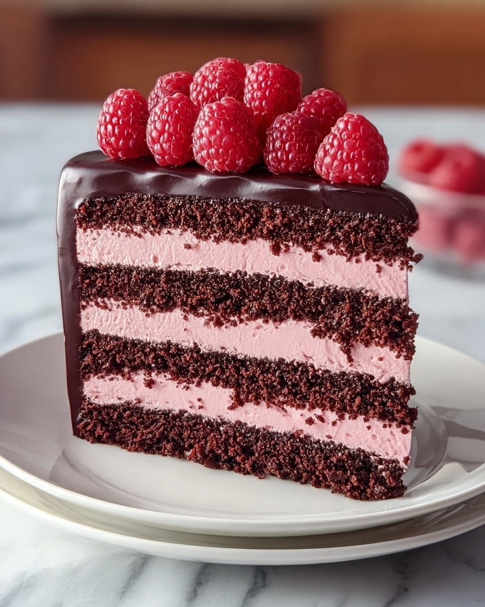 A slice of cake with four distinct layers sits on a white plate on a white marbled surface. The bottom, second, and fourth layers are dark chocolate cake with a crumbly texture. Between these layers are three thick layers of smooth pink cream filling. The top of the cake is coated with a shiny dark chocolate glaze, and a cluster of fresh bright red raspberries is neatly arranged in the center on top. The background is softly blurred, focusing attention on the cake slice. photo taken with an iphone --ar 4:5 --v 7