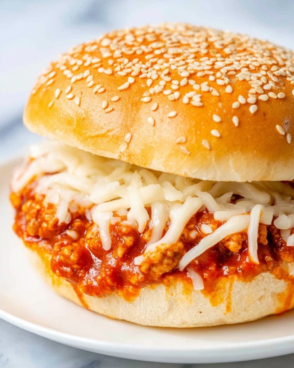 A close-up of a sandwich with a sesame seed-covered golden brown bun on the top and bottom. Inside, there is a thick layer of bright red chunky tomato sauce mixed with pieces of cooked ground meat, topped with melted white shredded cheese that is slightly stringy and soft, covering the sauce unevenly. The sandwich sits on a white plate on a white marbled surface. photo taken with an iphone --ar 4:5 --v 7