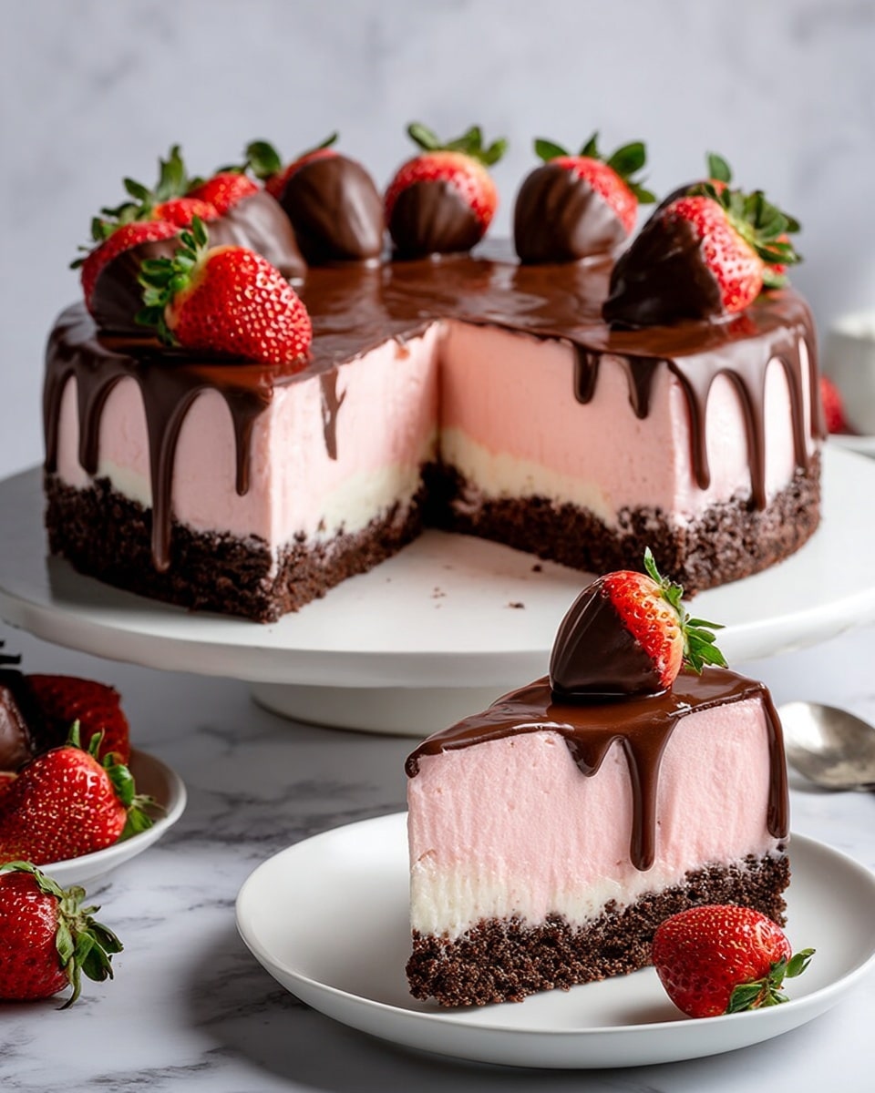 The image shows a round cake with three clear layers on a white plate, placed on a white marbled surface. The bottom layer is a dark brown, crumbly crust. The middle layer is a thick, smooth, pale pink cream filling. The top layer is a shiny dark chocolate glaze dripping down the sides unevenly. The cake is decorated with whole fresh strawberries and some strawberries dipped in chocolate, arranged around the edge on top. A slice of the cake is on a separate white plate in the front, with one strawberry placed next to it. Photo taken with an iphone --ar 4:5 --v 7