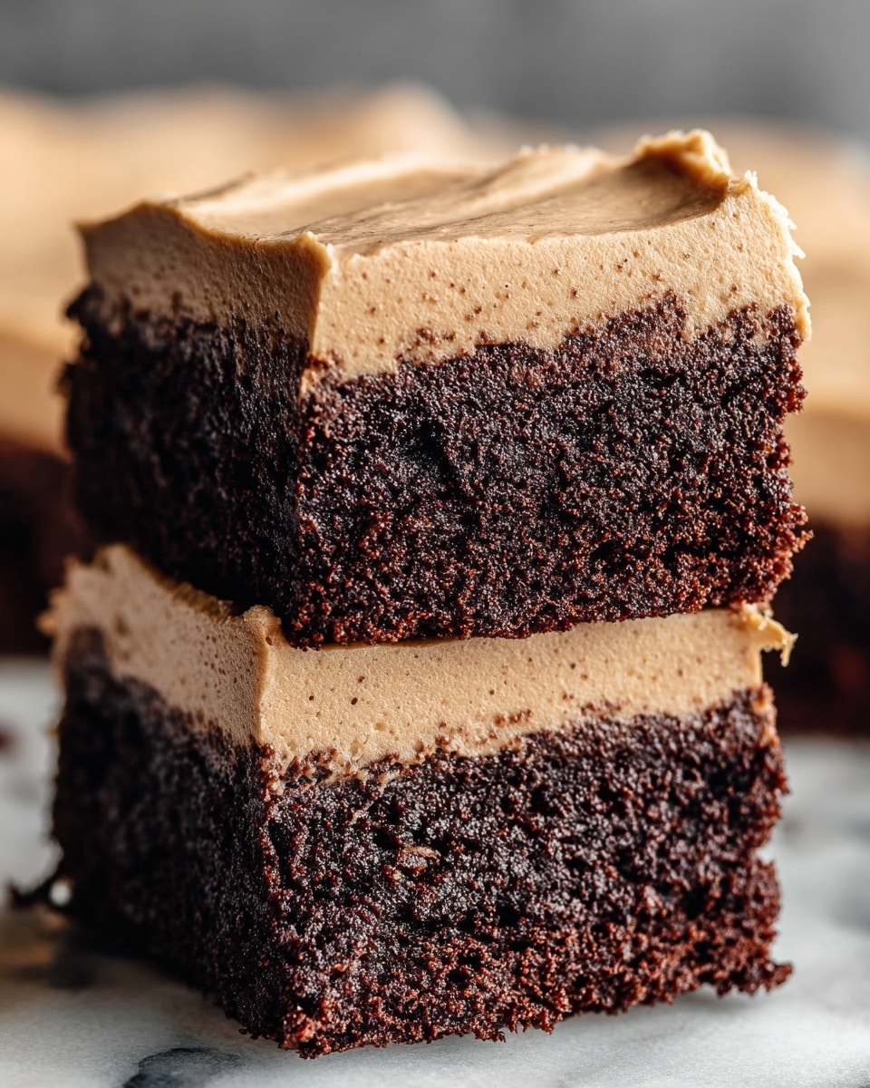 Two stacked square brownies are shown up close on a white marbled surface, each with two distinct layers: the bottom layer is a thick, dense, dark chocolate cake with a rough, crumbly texture, and the top layer is a slightly thinner, smooth, light brown frosting that looks creamy and speckled with tiny dark spots. The edges of the frosting are uneven, showing softness, while the chocolate layer has a firm, moist appearance. The background is blurred, keeping focus on the brownies. Photo taken with an iphone --ar 4:5 --v 7
