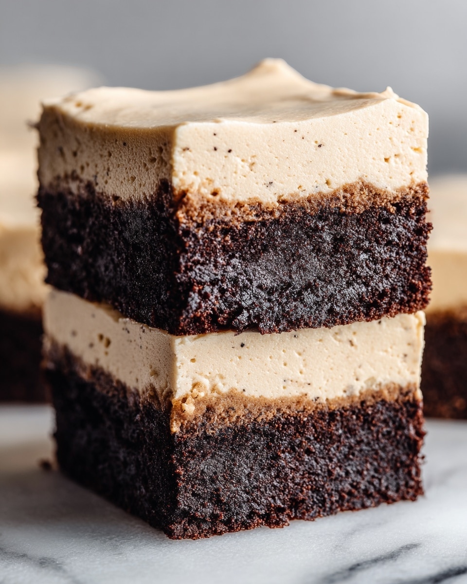 This image shows two thick square pieces of dessert stacked on top of each other, each with two clear layers. The bottom layer is dark brown, dense, and looks moist with a slightly crumbly texture. The top layer is creamy, light beige, and smooth, with small specks visible throughout, giving it a soft whipped appearance. The edges of the top layer gently curve and dip, showing a slightly uneven but natural finish. The dessert sits on a white marbled surface, with one piece balanced neatly on top of the other, creating a strong contrast between the dark and light layers. Photo taken with an iphone --ar 4:5 --v 7