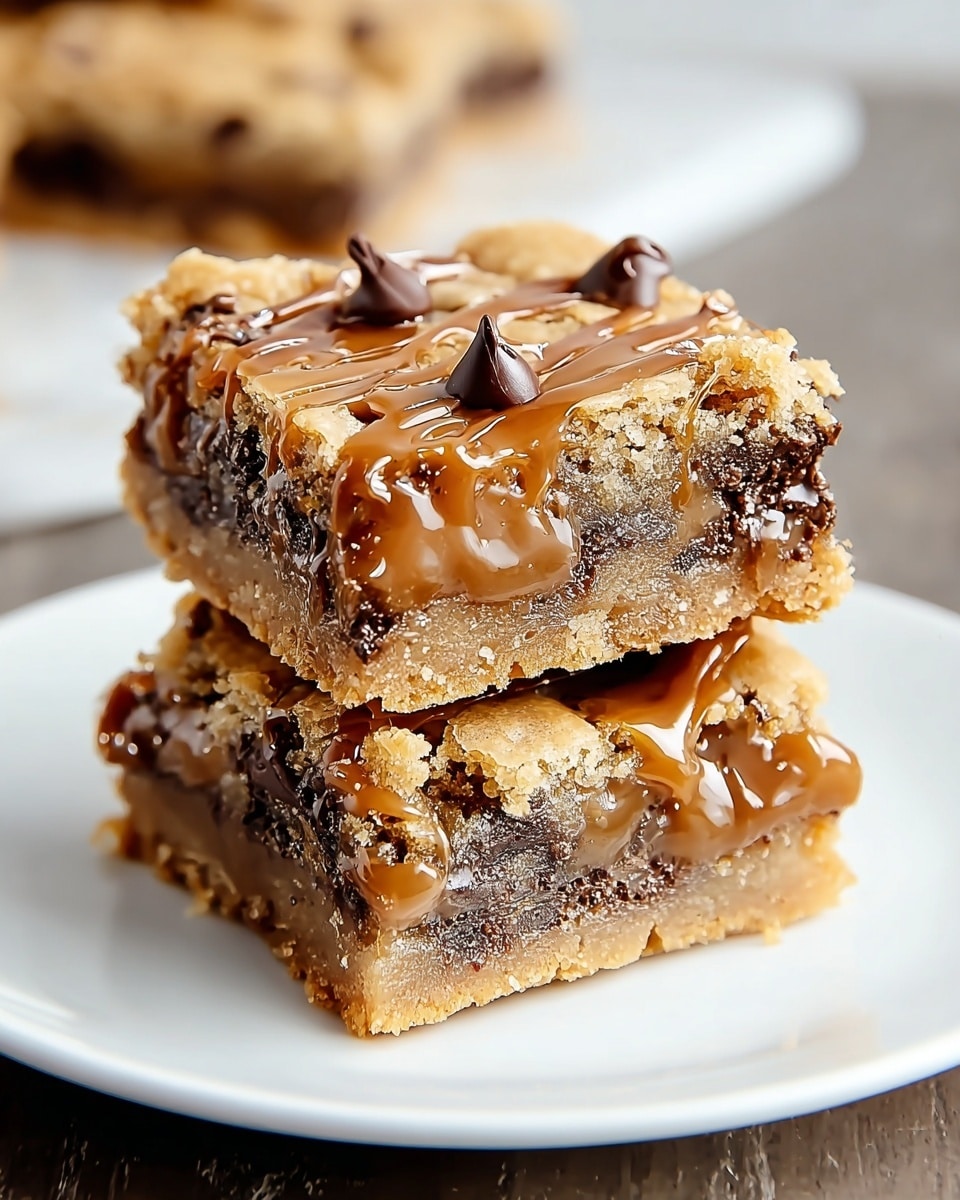 Two square cookie bars are stacked on a white plate, against a white marbled texture. Each bar has three visible layers: a golden-brown, slightly crumbly top layer with a drizzle of caramel sauce and a few chocolate chips, a thick middle layer filled with gooey caramel and melted chocolate chunks, and a firm baked bottom layer that is light brown and slightly crunchy. The bars look moist and rich, with the caramel visibly oozing out in some places. Photo taken with an iphone --ar 4:5 --v 7