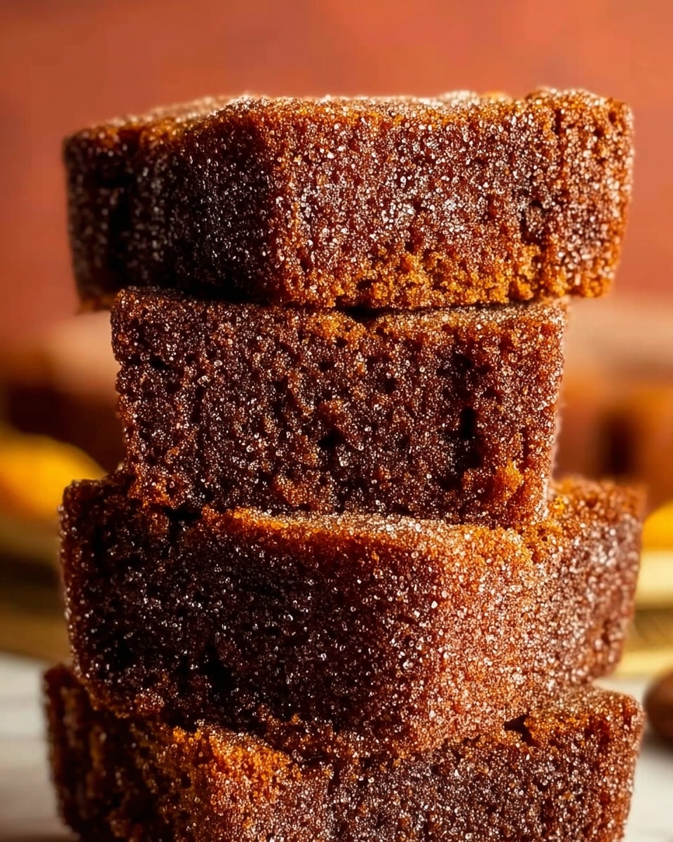 A close-up of a tall stack of four thick, square slices of dark brown cake with a crumbly texture, covered in a sparkling layer of sugar that gives them a slightly grainy look. The sides are rough and show small cracks, adding to its rustic feel. The background has a soft warm orange tone, highlighting the cake’s rich color, placed on a white marbled surface. photo taken with an iphone --ar 4:5 --v 7