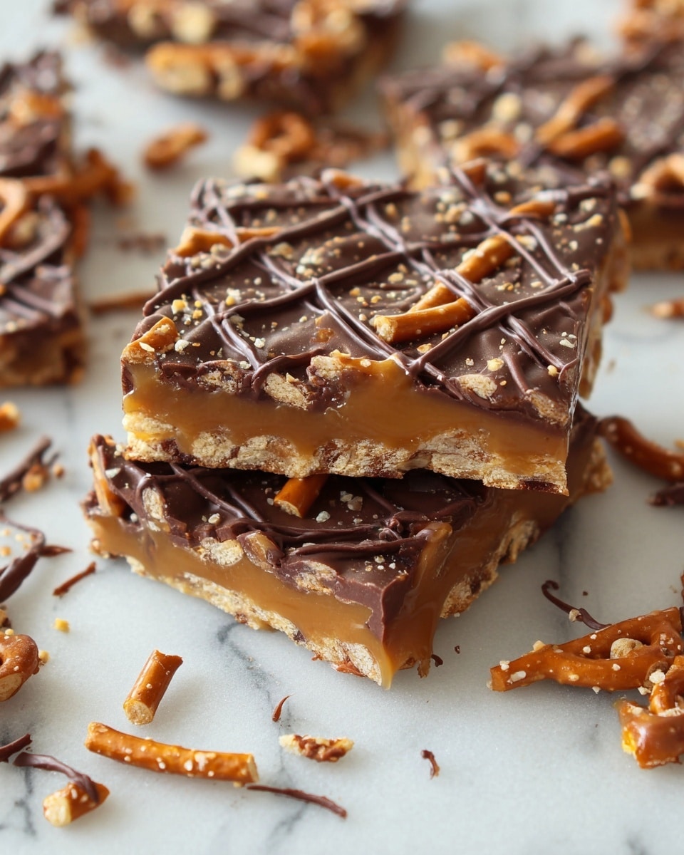 The image shows a stack of two square pieces of dessert bark placed on a white marbled surface. Each piece has a bottom layer of solid milk chocolate, topped with a crunchy layer of broken pretzels embedded in smooth, glossy caramel. The caramel layer is shiny and light brown, while the pretzels add a rough texture with their golden color. The top surface is decorated with a thin grid of dark chocolate drizzles, creating a crisscross pattern. Around the stacked pieces, there are more scattered pieces and some crumbs of chocolate and pretzel. Photo taken with an iphone --ar 4:5 --v 7