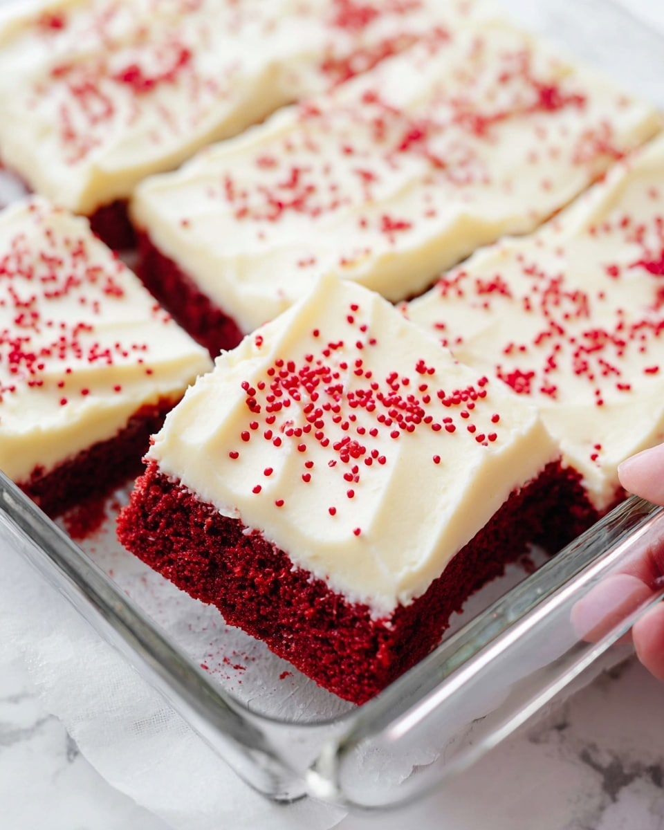 A close-up of four square red velvet cake pieces in a clear glass baking dish, each piece topped with a thick, smooth layer of creamy white frosting. Small red round sprinkles are evenly scattered on top of the frosting, adding texture and color contrast. The red velvet cake has a dense, moist texture and a deep red color. The background surface features a white marbled texture. Photo taken with an iphone --ar 4:5 --v 7