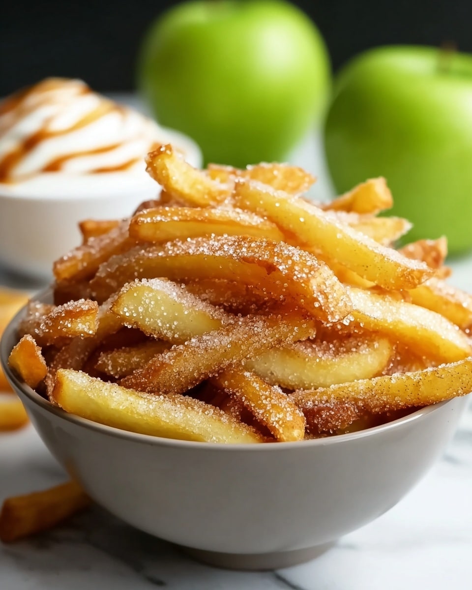 A bowl full of golden brown fries covered with a light dusting of cinnamon sugar, showing different shades of yellow and light brown with a slightly rough sugar texture, filling the bowl fully and stacked in an uneven pile, with a blurred white bowl with white cream and caramel drizzle in the background and two green apples behind that, all set on a white marbled texture surface photo taken with an iphone --ar 4:5 --v 7