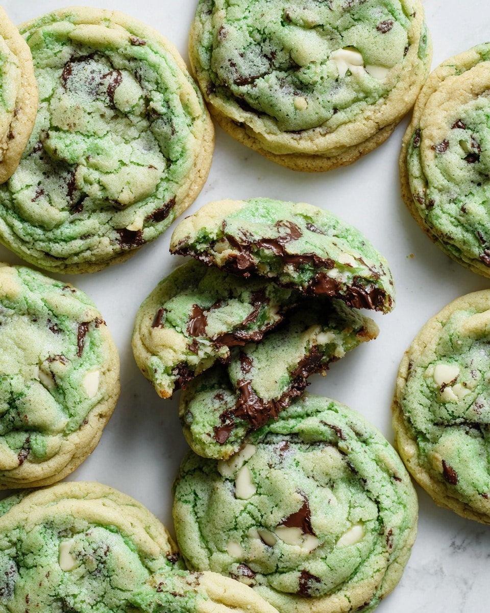 A group of thick cookies with a soft, slightly cracked top layer in a pale green color, showing swirls of darker green and spots of melted dark brown and white chocolate chips embedded throughout. One cookie is broken in half, revealing a chewy, moist inner texture with gooey chocolate pieces. The cookies have a slightly crispy edge and a soft center. They rest directly on a white marbled surface, and the overall arrangement is close together in a casual, inviting way. photo taken with an iphone --ar 4:5 --v 7