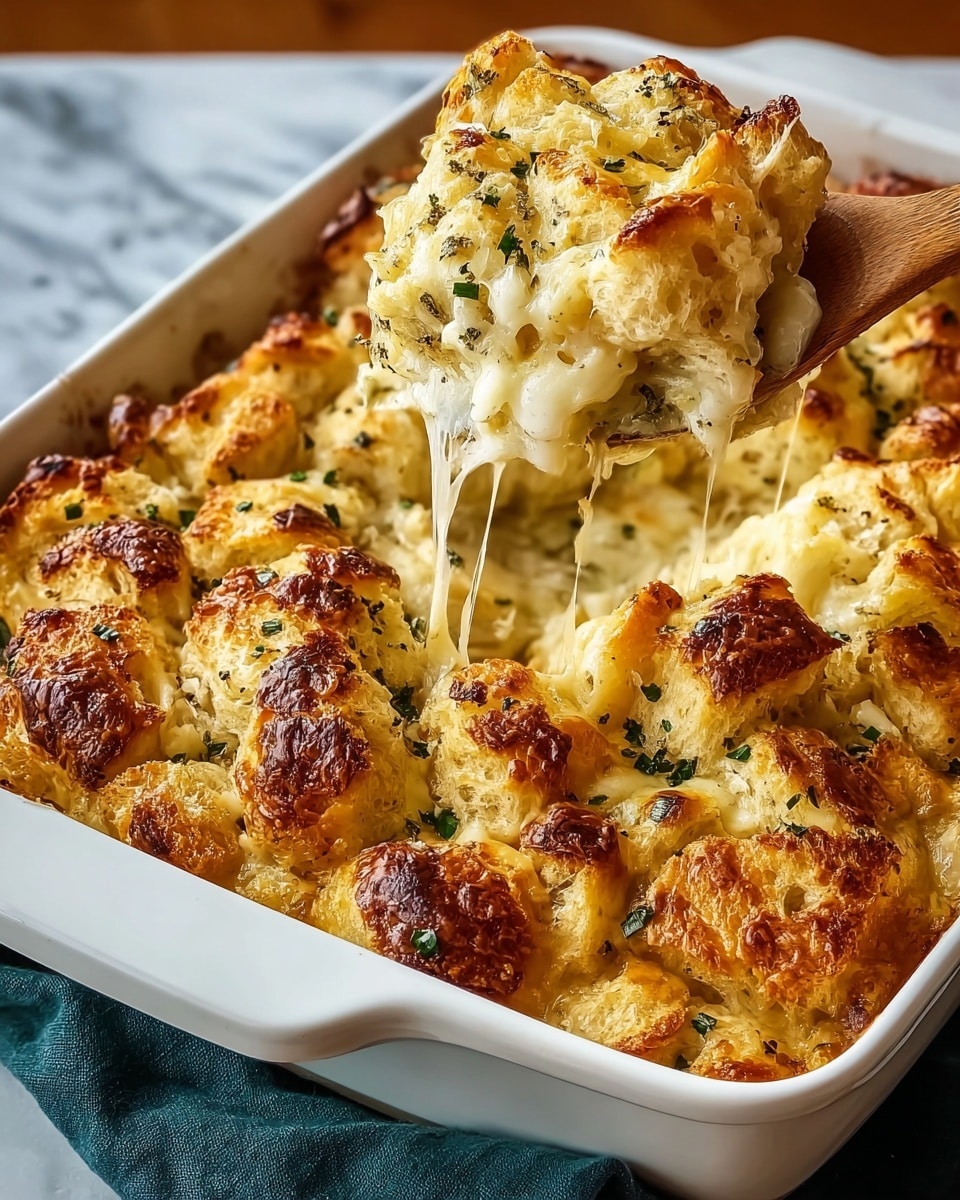 A white rectangular baking dish filled with a baked cheesy bread dish featuring a top layer of golden brown, crispy bread pieces with some melted cheese spots. The bread pieces are irregularly shaped with a rough texture and sprinkled with small green herb bits. A wooden spoon lifts one piece, showing a gooey, creamy white and light yellow cheese layer underneath, with cheese stretching between the spoon and the dish. The dish rests on a white marbled surface with a dark green cloth partially visible beneath it. Photo taken with an iphone --ar 4:5 --v 7