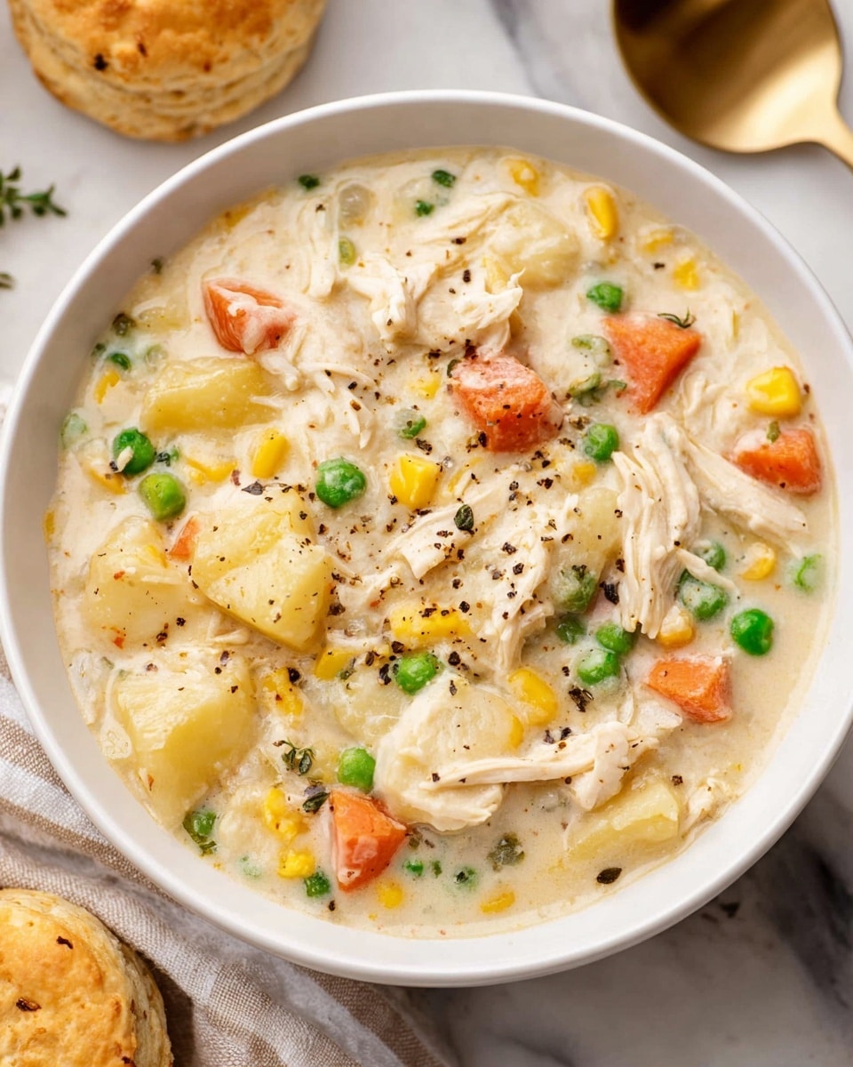 A white bowl filled with a creamy chicken and vegetable soup, showing visible layers of shredded white chicken, orange carrot pieces, yellow corn, green peas, and chunks of pale potato all mixed in a thick, light beige broth, sprinkled with black pepper on top. The bowl is placed on a white marbled surface, with a biscuit and a piece of bread partially visible on the side, along with a gold spoon near the edge. Photo taken with an iphone --ar 4:5 --v 7