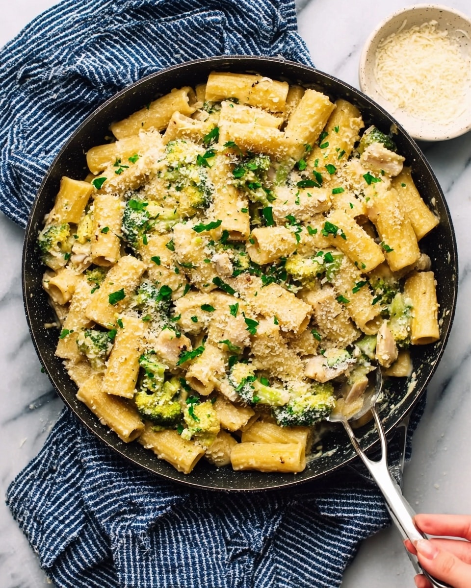 A black skillet filled with creamy pasta showing two layers: the bottom layer is rigatoni pasta coated in a light creamy yellow sauce with bits of green broccoli mixed in, and the top layer is sprinkled with grated cheese and chopped green herbs, adding texture and freshness; a silver spoon rests inside the skillet on the left side, and a small white bowl with grated cheese sits nearby on a white marbled surface with a blue-striped napkin under the skillet. Photo taken with an iphone --ar 4:5 --v 7