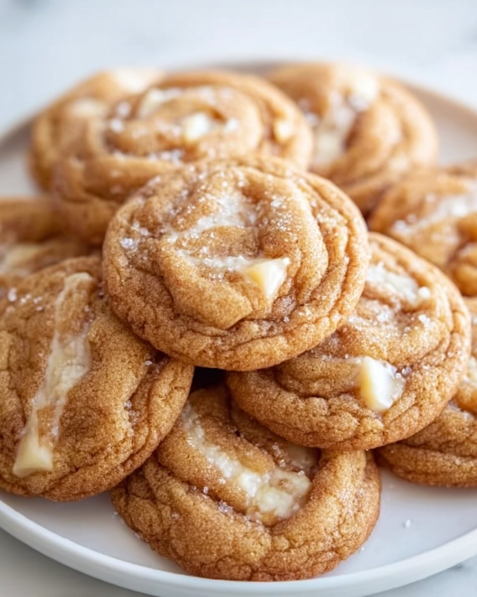 A close-up of a pile of small cookies on a white plate, each cookie showing a light golden-brown color with swirls of white chocolate or cream mixed into the dough. The cookies have a slightly cracked surface, giving a soft and chewy look, with some granules of sugar on top adding texture. The white plate sits on a white marbled surface, and the warm color of the cookies contrasts nicely with the clean background. photo taken with an iphone --ar 4:5 --v 7