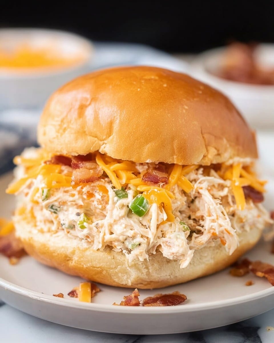 A close-up of a sandwich with three visible layers inside a golden brown soft bun; the bottom layer is creamy shredded chicken mixed with small green onion pieces, the middle layer includes small bits of crispy bacon scattered throughout the chicken, and the top layer consists of bright orange shredded cheddar cheese, all contained within the top and bottom halves of the bun. The sandwich sits on a white plate on a white marbled surface with a blurred background. Small crumbs and bacon bits are scattered around the plate. Photo taken with an iphone --ar 4:5 --v 7