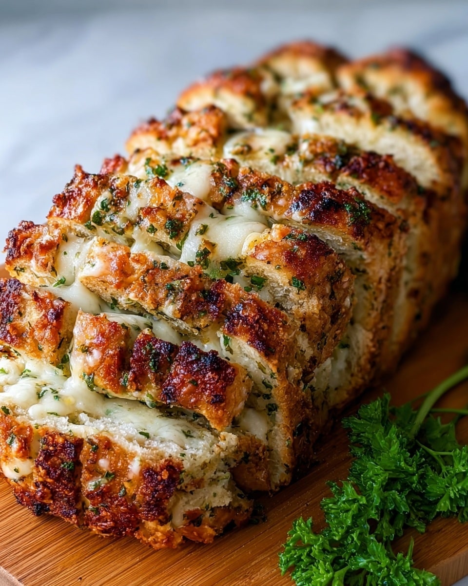 The image shows a close-up of a pull-apart loaf with five visible layers, each layer filled with melted white cheese and sprinkled with green herbs. The bread has a golden-brown crispy crust with some dark toasted spots and a textured, airy inside. The loaf is cut into thick sections, placed on a wooden board resting on a white marbled textured surface, with some fresh green parsley on the side. photo taken with an iphone --ar 4:5 --v 7
