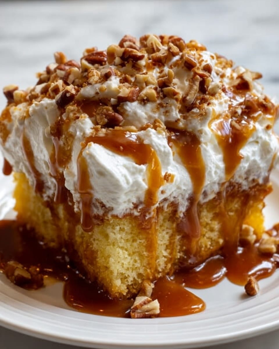 This dessert slice has four clear layers on a white plate with a delicate gold pattern. The bottom layer is a thick, crumbly brown base, topped by a thick layer of white creamy filling. Above this is a thinner brown crumb layer, followed by a smooth, bright yellow layer. The dessert is topped with a light brown crumbly topping, dollops of white whipped cream, and drizzles of shiny caramel sauce dripping down the sides. The background shows soft-focus orange pumpkins and yellow flowers, on a white marbled surface. photo taken with an iphone --ar 4:5 --v 7