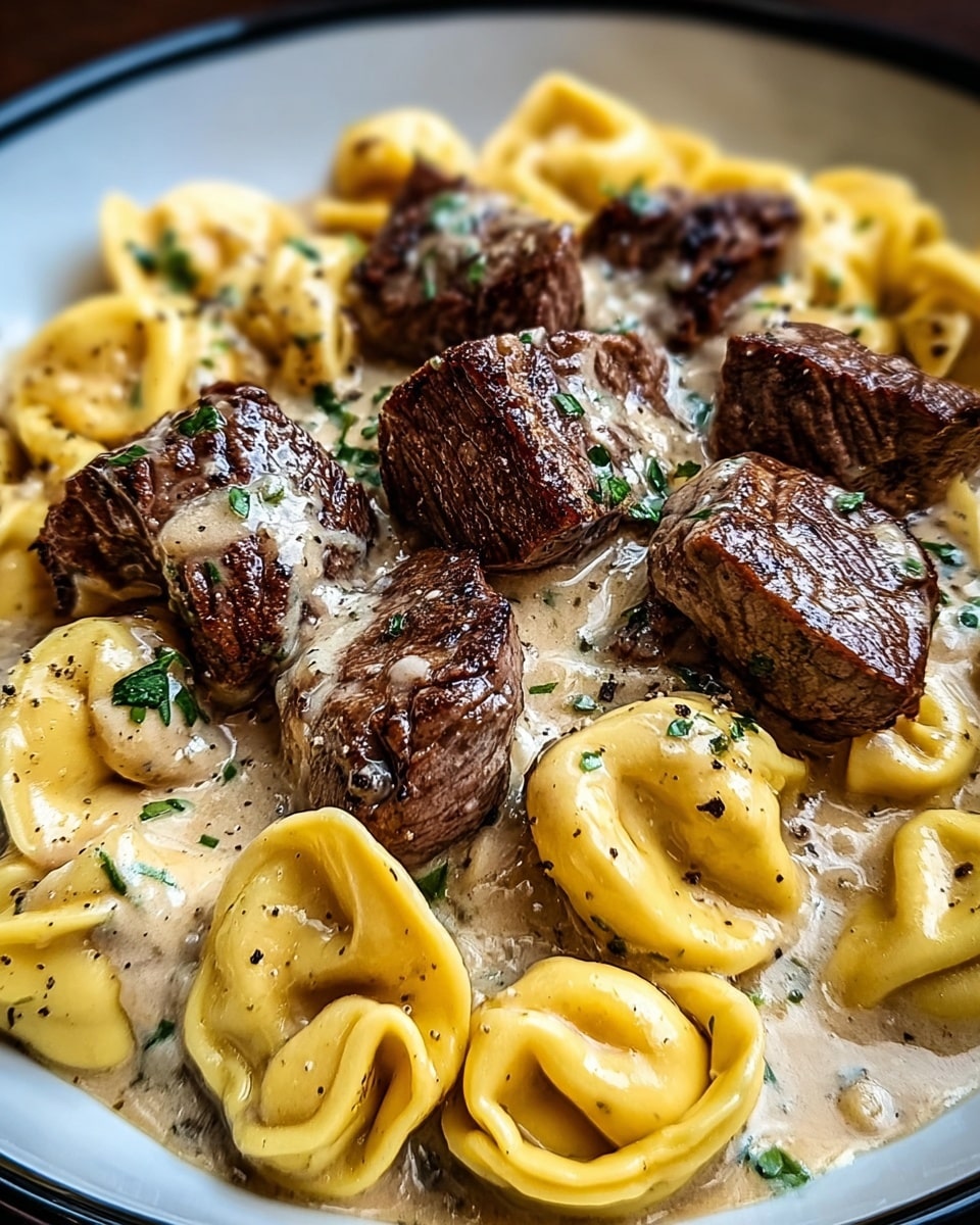 A close-up view of a dish served on a white plate with a black rim, containing two main layers: the bottom layer is yellow tortellini pasta with a smooth, slightly glossy texture, scattered all around the plate; the top layer consists of several pieces of grilled steak with a dark brown sear and juicy interior, resting over the pasta. Both layers are covered in a creamy, light beige sauce with a slightly thick consistency, sprinkled with bits of chopped green herbs and ground black pepper, adding contrast and detail throughout the dish. photo taken with an iphone --ar 4:5 --v 7