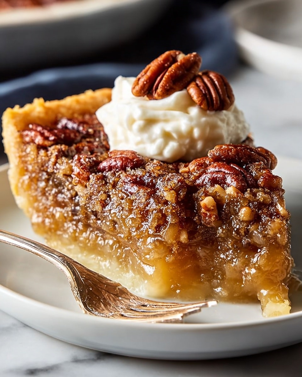 A single slice of pecan pie is shown on a white plate, with three distinct layers visible: the bottom crust is pale yellow and firm, the middle filling is a glossy golden brown and sticky with semi-transparent texture, and the top layer is covered with whole and chopped pecans that are dark brown and shiny. On top of the pie slice, there is a dollop of creamy, light ivory whipped topping, crowned with three whole pecan halves. A silver fork is placed beside the slice, with a small bite of the pie on the fork. The background has a soft focus with a white marbled texture, enhancing the warm, rich tones of the pie. photo taken with an iphone --ar 4:5 --v 7