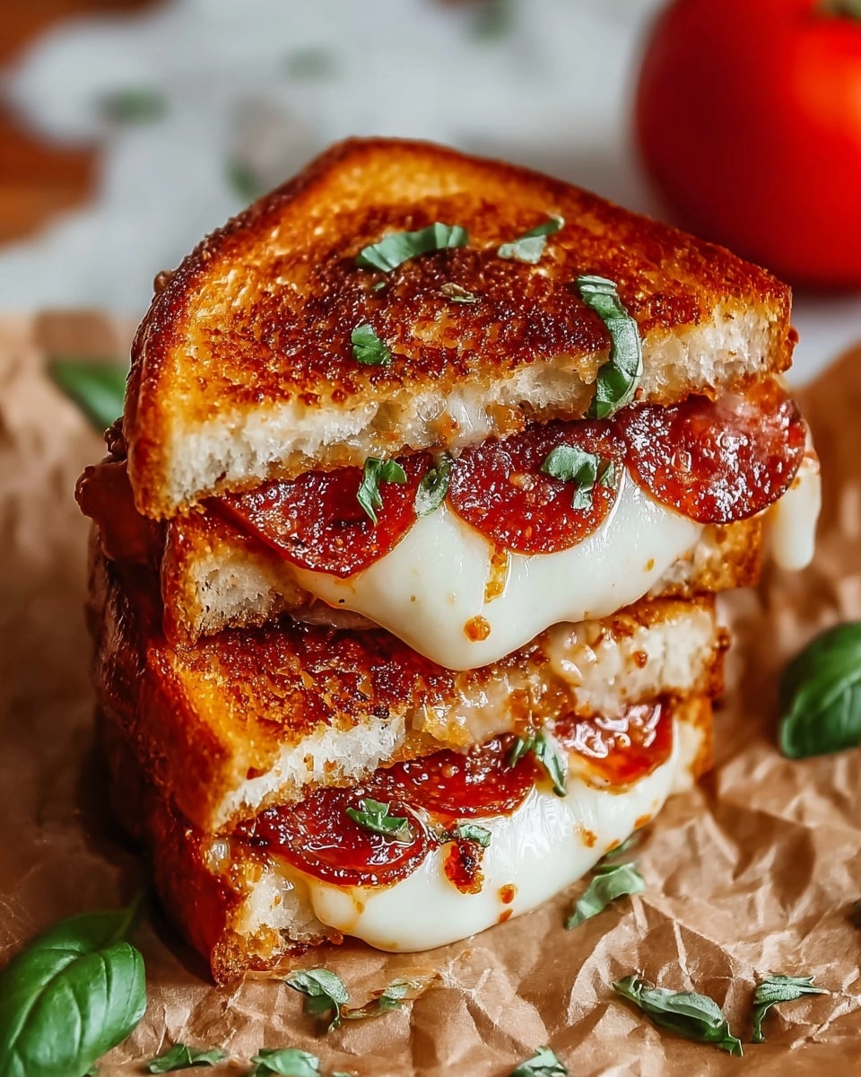 The image shows a grilled sandwich cut in half and stacked, with two slices of golden brown toasted bread on the outside. Inside, there is a layer of melted white cheese that appears soft and gooey, topped with a layer of crispy, reddish-brown pepperoni slices. The sandwich is garnished with small green basil leaves scattered on both bread and around the sandwich. The sandwich sits on crumpled brown paper, set on a white marbled texture surface, with a blurred red tomato visible in the background. photo taken with an iphone --ar 4:5 --v 7