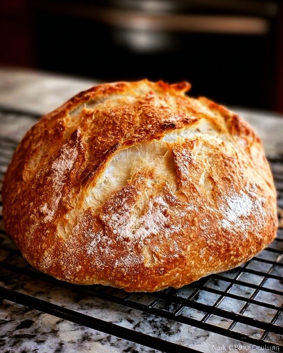 A single loaf of golden-brown bread with a rough, crispy crust sits on a black cooling rack. The crust has a textured, cracked surface with a light dusting of flour and some darker toasted spots, showing a rustic, homemade look. The shape is round, slightly uneven, and the bread looks soft inside with a few air pockets visible through the cracks. The background is a white marbled texture with a blurred kitchen setting in soft focus. photo taken with an iphone --ar 4:5 --v 7