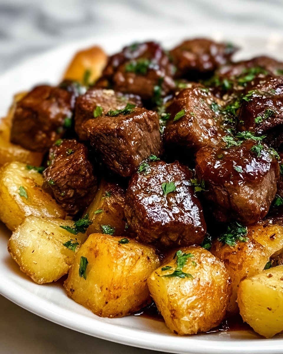 The image shows a close-up of a dish with about a dozen pieces of browned beef cubes mixed with golden brown roasted potato chunks. The beef cubes have a shiny, slightly textured surface coated with a dark, glossy sauce. The potato pieces are cut into irregular shapes with a crispy outer layer and softer, light yellow inside visible. Small green parsley flakes are sprinkled evenly on top of both beef and potatoes, adding a fresh touch. The dish is placed on a white plate, set on a white marbled surface. photo taken with an iphone --ar 4:5 --v 7