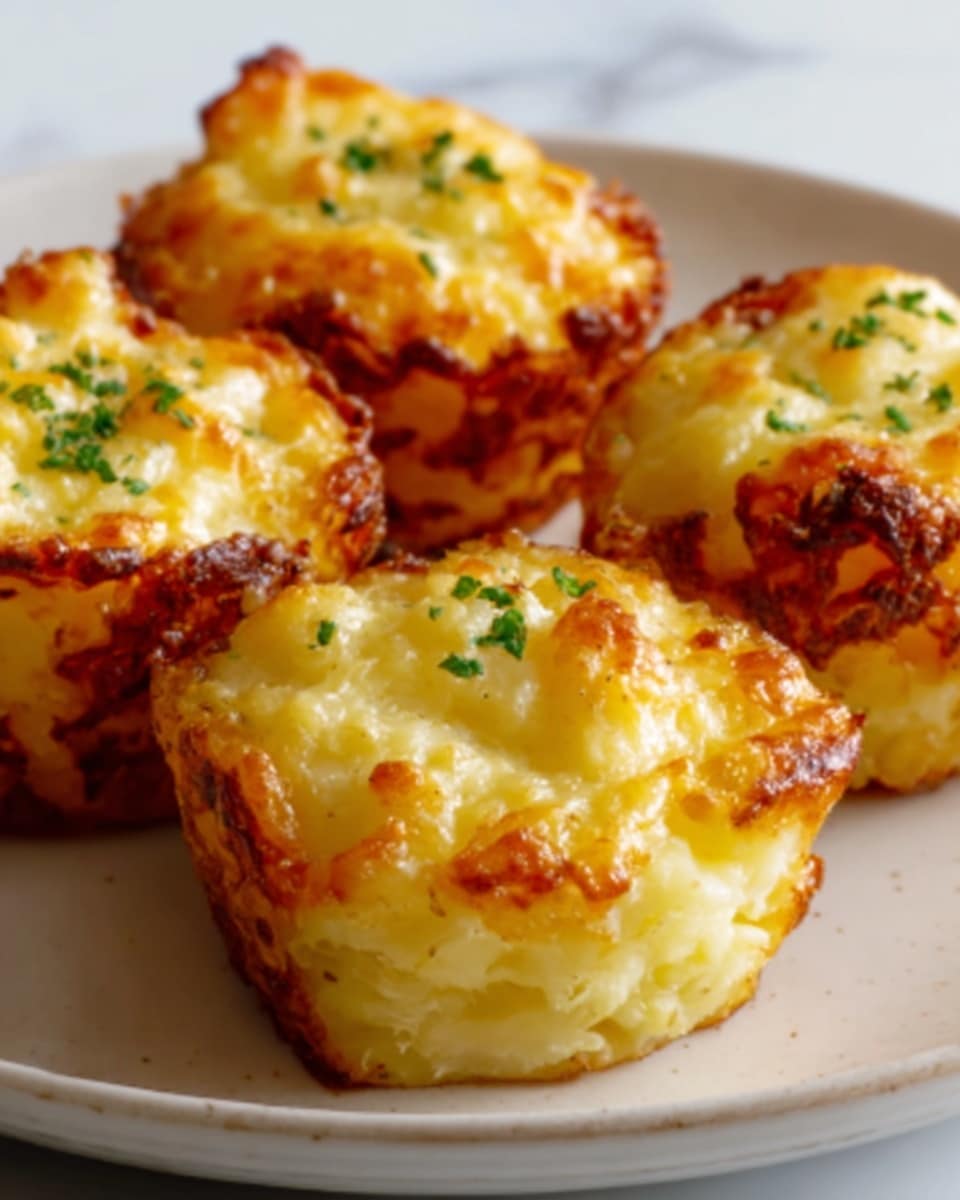 The image shows four golden brown baked potato bites on a white plate. Each bite has a textured, crispy top layer of melted cheese that is slightly browned and bubbly, with small green herb pieces sprinkled on top. The potato base beneath looks soft and creamy, with hints of light yellow and white. The plate is set on a clean white marbled surface. Photo taken with an iphone --ar 4:5 --v 7