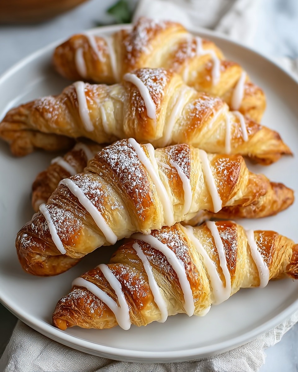 Four golden brown croissants lie on a white plate, each one showing many thin, flaky layers with a shiny, slightly crispy surface. They are drizzled with smooth white icing in diagonal lines and lightly dusted with powdered sugar, adding a soft white contrast to the rich tan and light brown colors of the croissants. The plate rests on a white marbled texture with a soft cloth peeking from underneath. Photo taken with an iphone --ar 4:5 --v 7