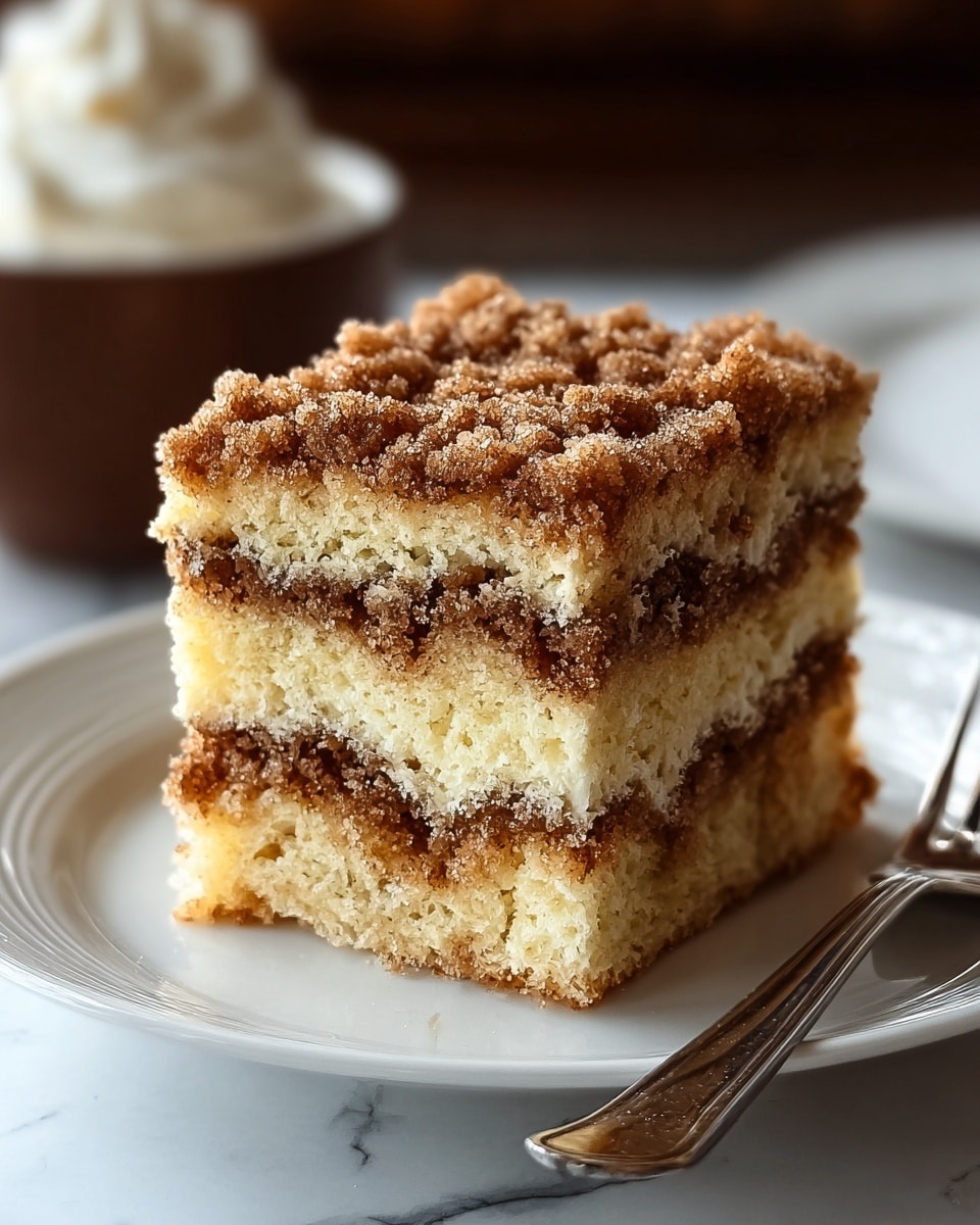 A close-up of a square coffee cake with four layers on a white plate, sitting on a white marbled surface. The cake has two light yellow sponge cake layers alternating with two cinnamon-sugar crumb layers that are coarse and brown. The top layer is thickly covered with a crunchy cinnamon-sugar crumb topping that is textured with small sugar granules. A silver fork rests on the edge of the plate, and there is a blurred brown bowl with whipped cream in the background. Photo taken with an iphone --ar 4:5 --v 7