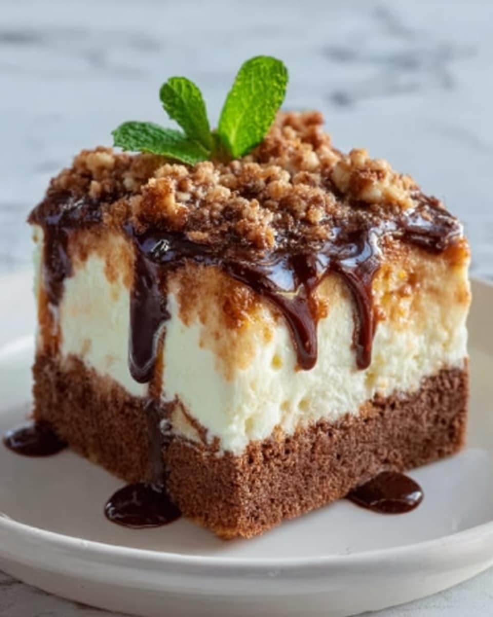 The image shows a square piece of dessert on a white plate, sitting on a white marbled surface. The dessert has three clear layers: a thick, crumbly brown base that looks like a crust, a large middle layer of creamy, light-colored filling that is smooth and soft, and a top layer covered with crumbs and drizzled generously with dark chocolate sauce. There is a small sprig of green mint on the center top. The texture of the crumbs on top is rough and uneven, giving a crunchy look. The chocolate sauce drips slightly down the sides, adding a rich contrast to the light filling. Photo taken with an iphone --ar 4:5 --v 7