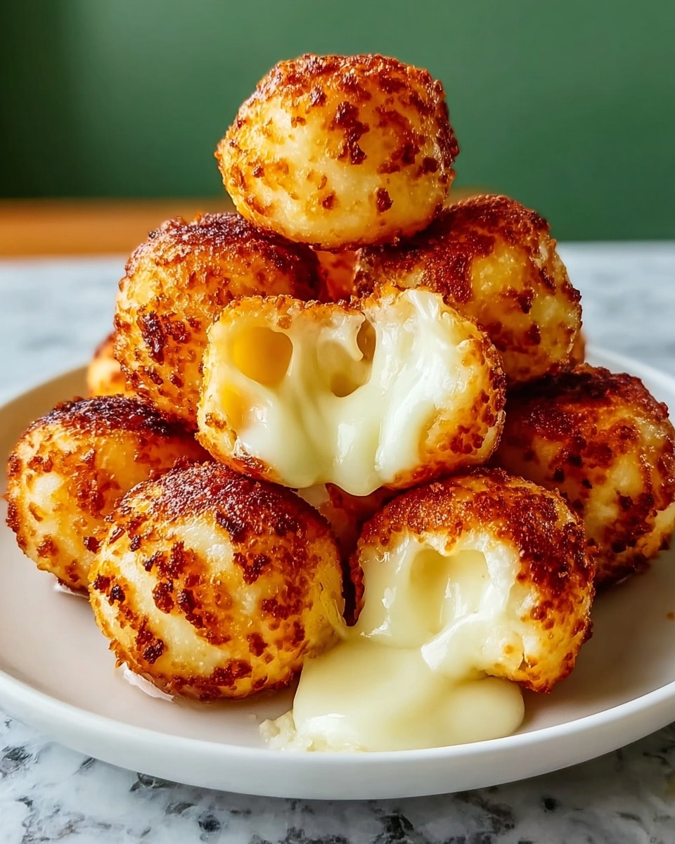 A pile of round cheese balls with a golden-brown crispy outside and a soft, melty white cheese center is stacked on a white plate, with one cheese ball broken open at the top showing creamy white cheese oozing out. The cheese balls have a rough, slightly charred texture on the outside. The plate sits on a white marbled surface with a blurred green background. photo taken with an iphone --ar 4:5 --v 7