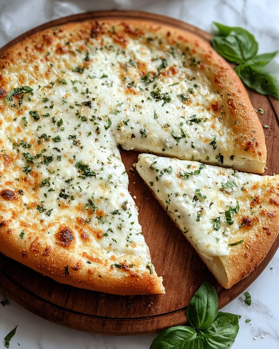 A round pizza with one slice pulled out, showing two layers: a golden, slightly puffy crust at the bottom and a melted white cheese layer on top with browned spots and melted texture. The cheese is sprinkled with green herbs evenly across the surface. The pizza rests on a round wooden board, and a few fresh green basil leaves are placed nearby on a white marbled surface. Photo taken with an iphone --ar 4:5 --v 7