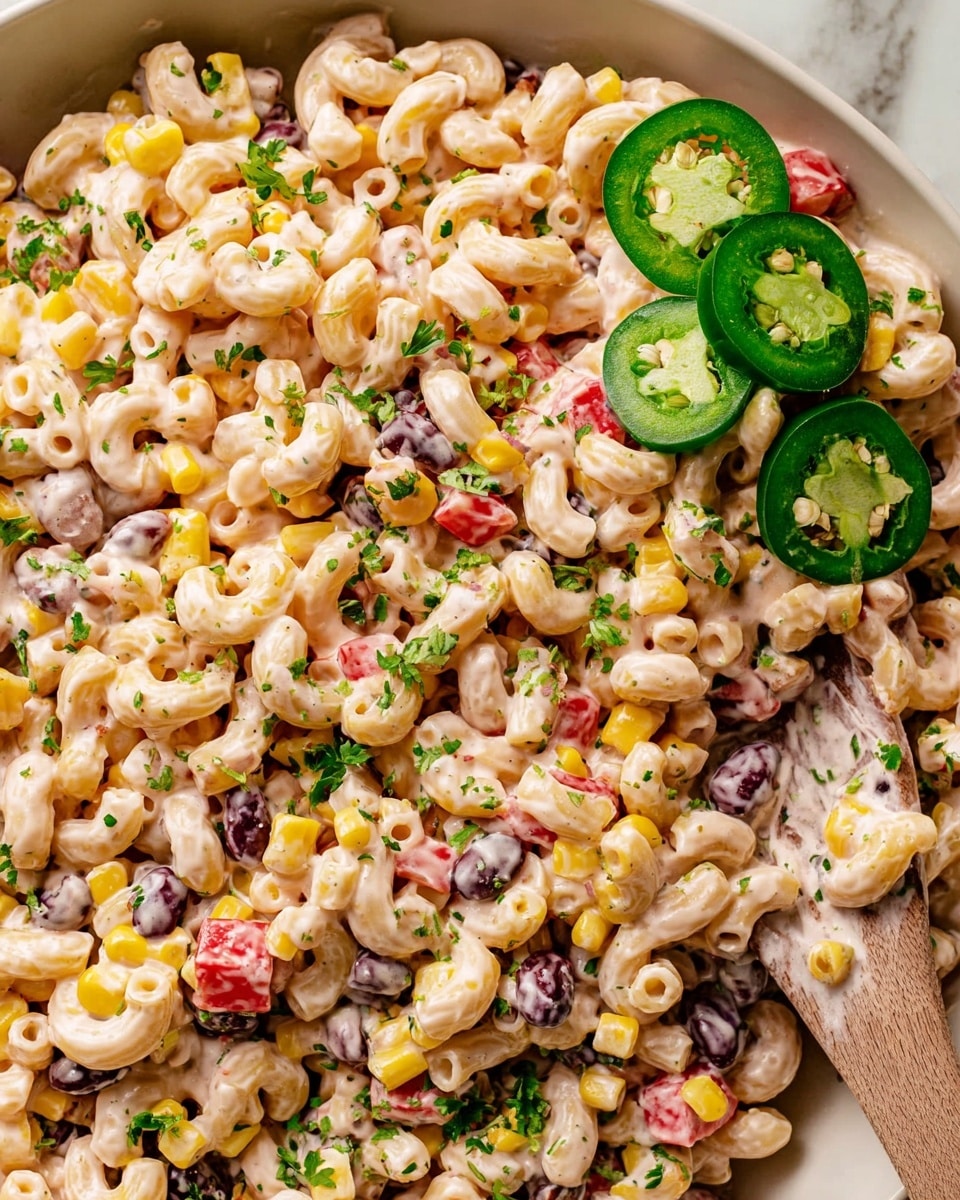 This image shows a close-up of a pasta salad with one main visible layer of small elbow macaroni coated in a creamy light pink sauce. Scattered throughout the pasta are bright yellow corn kernels, dark purple beans, and small cubes of red bell pepper, adding vibrant color. Chopped green herbs are sprinkled over the salad, giving a fresh look. A few slices of green jalapeño are placed on top on the right side, adding a spicy touch. A wooden spoon is partially visible on the left side, stirring the salad, with creamy sauce dripping from it. The whole dish is placed on a surface with a white marbled texture. photo taken with an iphone --ar 4:5 --v 7