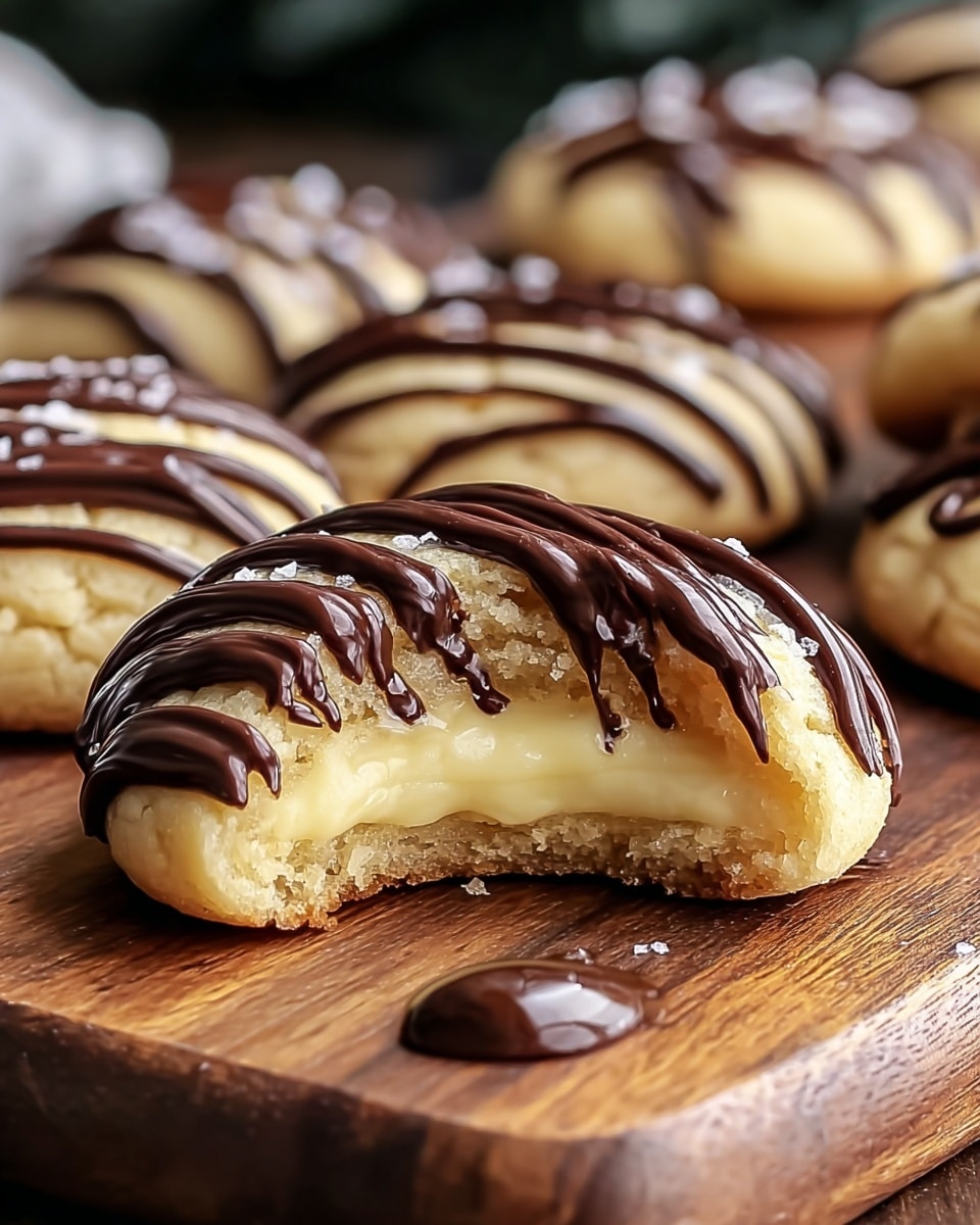 A close-up view of a soft round cookie with a light golden outer layer, showing a creamy pale yellow filling inside. The cookie is drizzled generously on top with thick, glossy dark brown chocolate in a zigzag pattern. The cookie is resting on a wooden board with a visible wood grain texture, and more cookies with similar layers and chocolate drizzle are blurred in the background. A small drop of chocolate sits on the wooden surface near the bitten cookie. Photo taken with an iphone --ar 4:5 --v 7