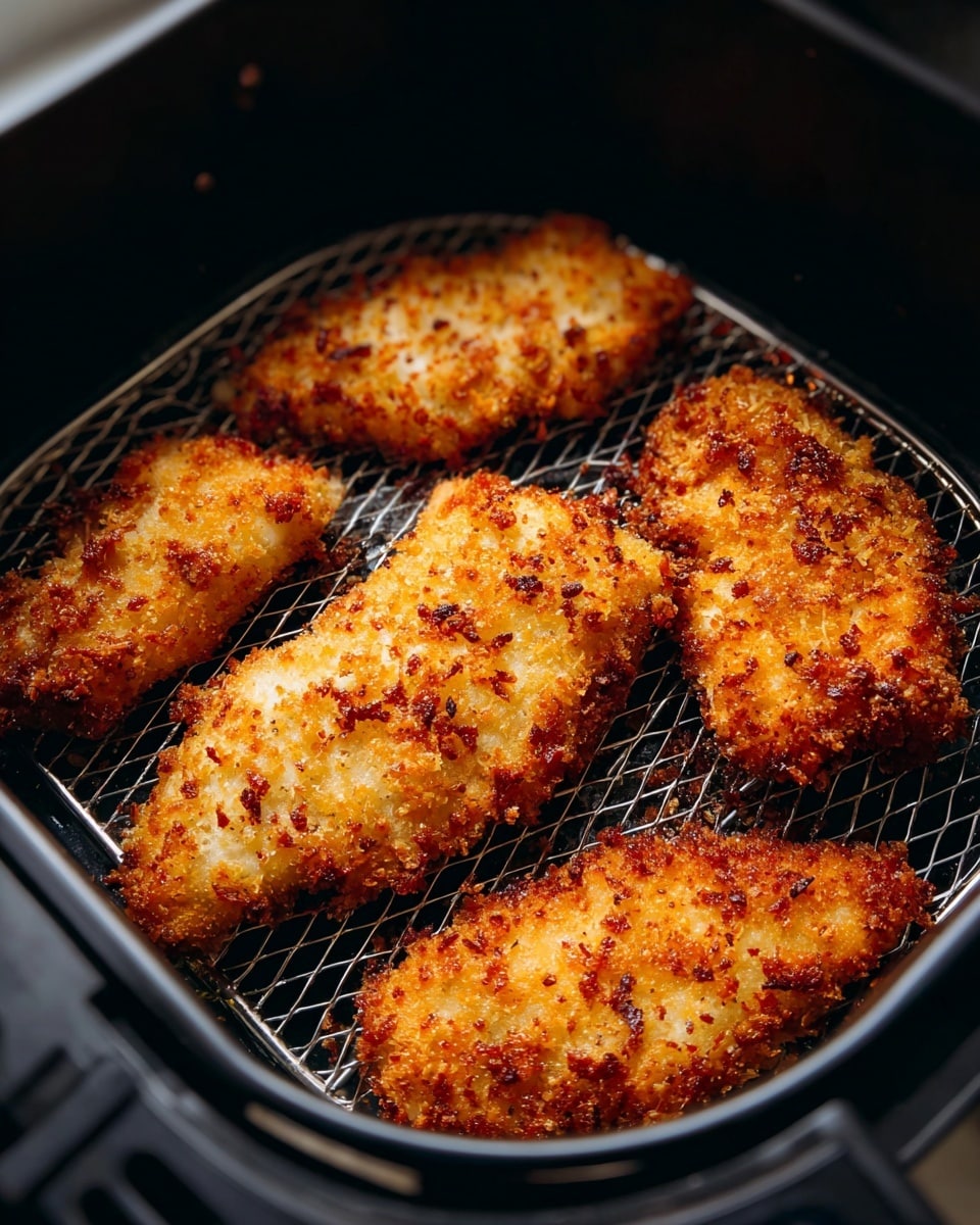 The image shows five pieces of golden brown fried chicken with a crispy, crunchy breaded coating inside a black air fryer basket. The chicken pieces vary in size and shape, each covered in small, uneven crumbs with darker spots where the coating is extra crisp. The black basket has metal mesh where the chicken rests, and the surrounding part of the air fryer is also black, giving a strong contrast to the bright, warm tones of the fried chicken. The lighting highlights the shiny, textured crust and small oil spots on the surface of the chicken, making it look freshly cooked and crunchy. photo taken with an iphone --ar 4:5 --v 7
