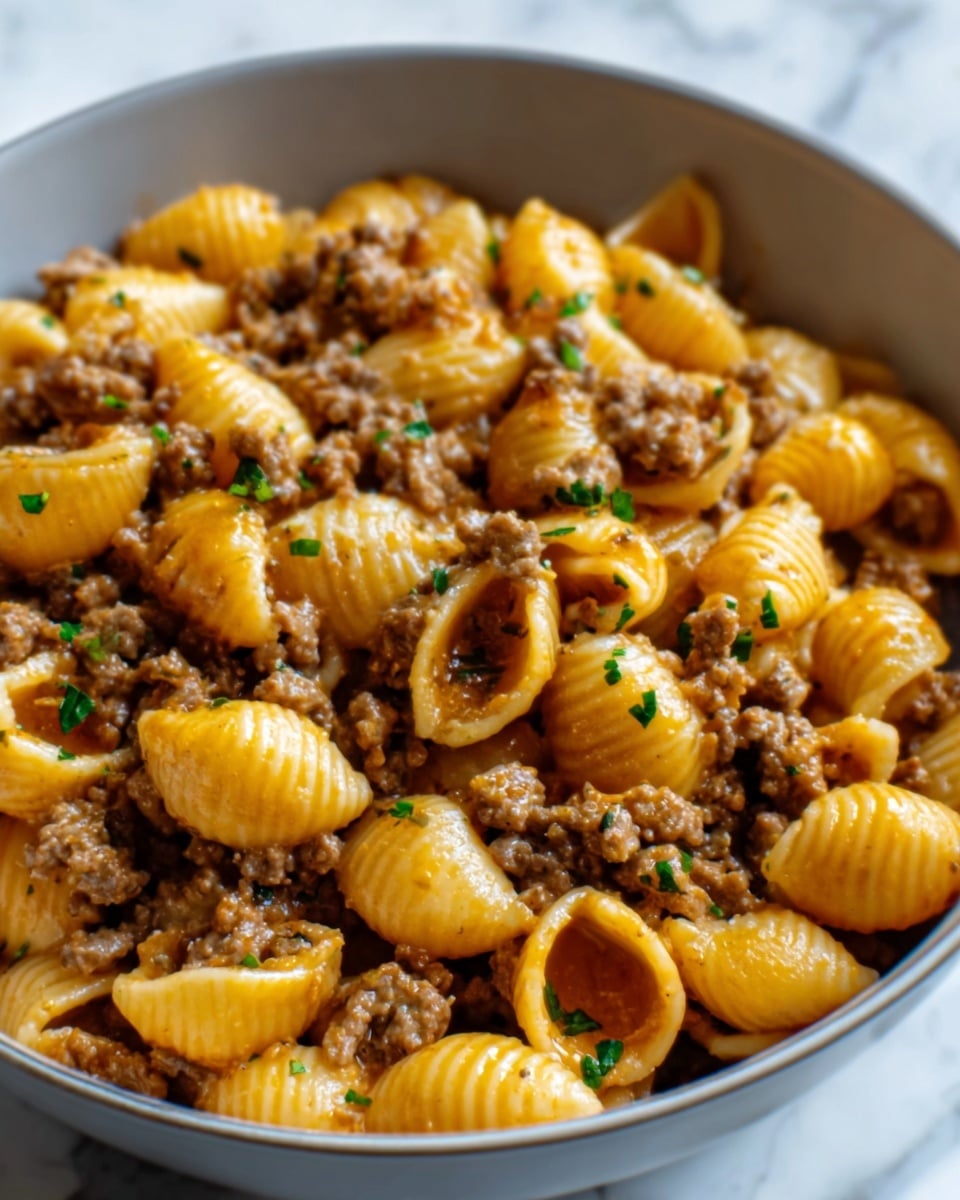 The image shows a close-up of a white bowl filled with pasta shells mixed with cooked ground meat in a light brown sauce. The pasta is golden yellow with a smooth texture, and the meat pieces are small and evenly spread throughout the dish. Small green herb pieces are sprinkled on top, adding a bit of color contrast. The bowl sits on a white marbled surface. Photo taken with an iphone --ar 4:5 --v 7