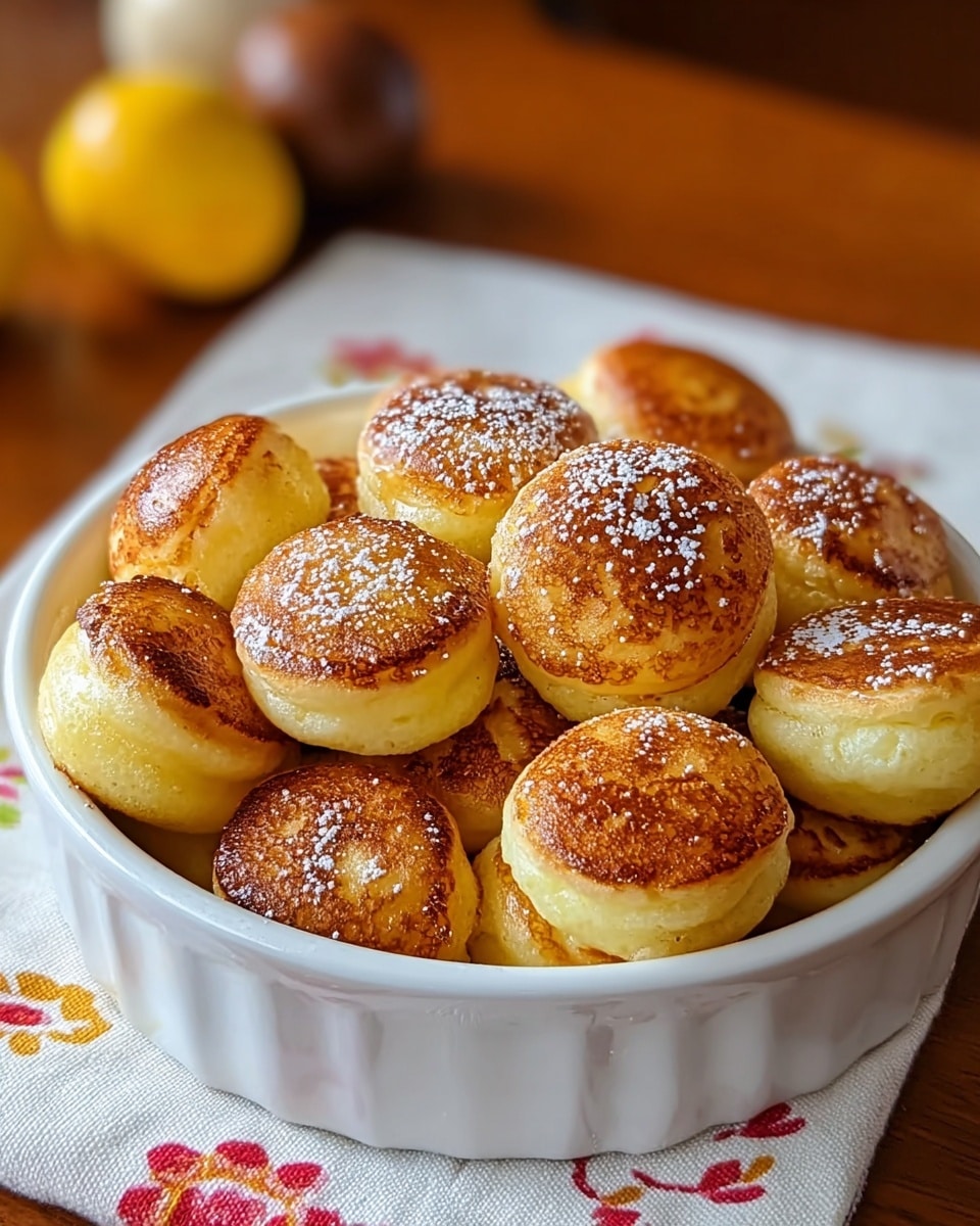 A white round ceramic dish filled with about a dozen small, round golden-brown pancake puffs, each with a slightly crispy, browned top layer and a soft, smooth yellow underside. Some puffs are lightly dusted with white powdered sugar, giving a delicate, sweet touch. The dish sits partially on a white cloth with a red and yellow floral pattern, placed on a wooden surface. In the background, there are blurred yellow and brown objects, adding warm tones to the setting. photo taken with an iphone --ar 4:5 --v 7