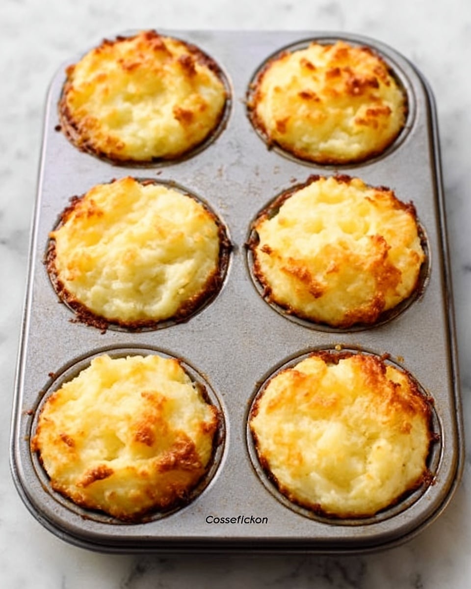 The image shows a metal muffin tray with six servings of mashed potato cakes. Each cake has one thick layer of mashed potatoes, golden brown on top with a slightly crispy texture and soft, fluffy inside, filling the round spaces of the tray. The edges of the cakes are lightly browned, and the surface is uneven with small peaks and valleys. The metal tray is placed on a white marbled surface. Photo taken with an iphone --ar 4:5 --v 7