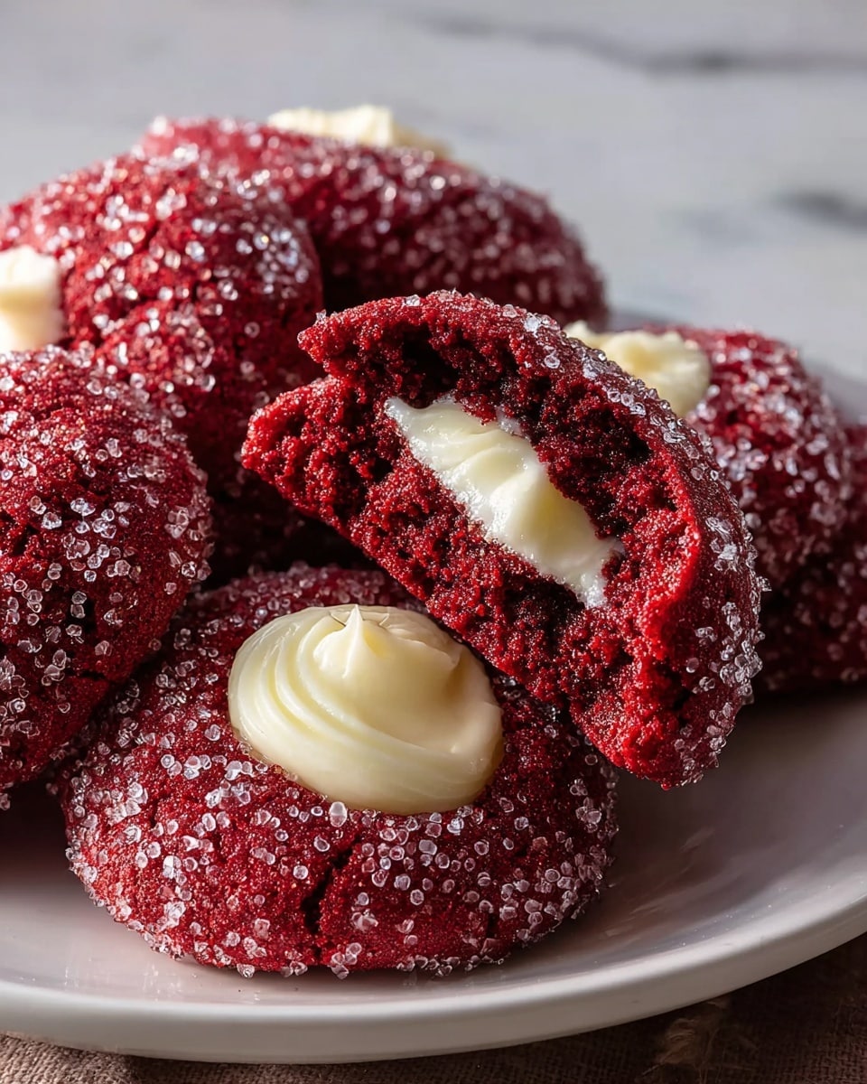 A white plate holds several red cookies covered in large sugar crystals, each with a dollop of smooth, creamy white filling in the center. One cookie is broken open, showing its soft, dense red interior contrasting with the creamy filling. The cookies have a slightly crumbly texture, and the sugar crystals sparkle under soft lighting, set against a white marbled texture background. photo taken with an iphone --ar 4:5 --v 7