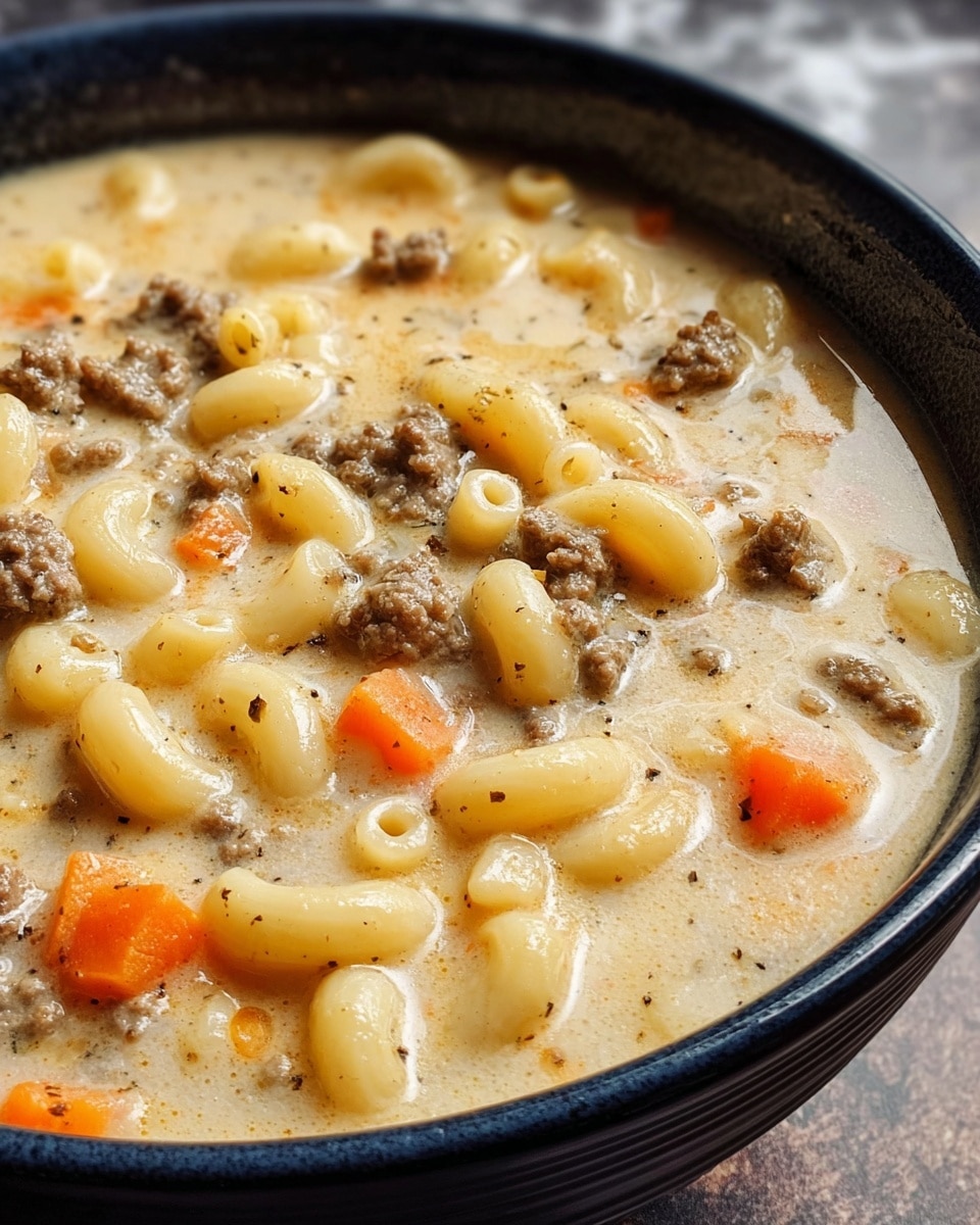 A close-up of a creamy, hearty soup in a dark bowl filled with small elbow macaroni pasta, small chunks of bright orange carrots, and browned ground beef all mixed into a thick, light beige broth with a smooth texture and slight specks of black pepper. The soup appears rich and dense, with the colors of the macaroni, beef, and carrots standing out against the creamy base. The background has a white marbled texture. photo taken with an iphone --ar 4:5 --v 7