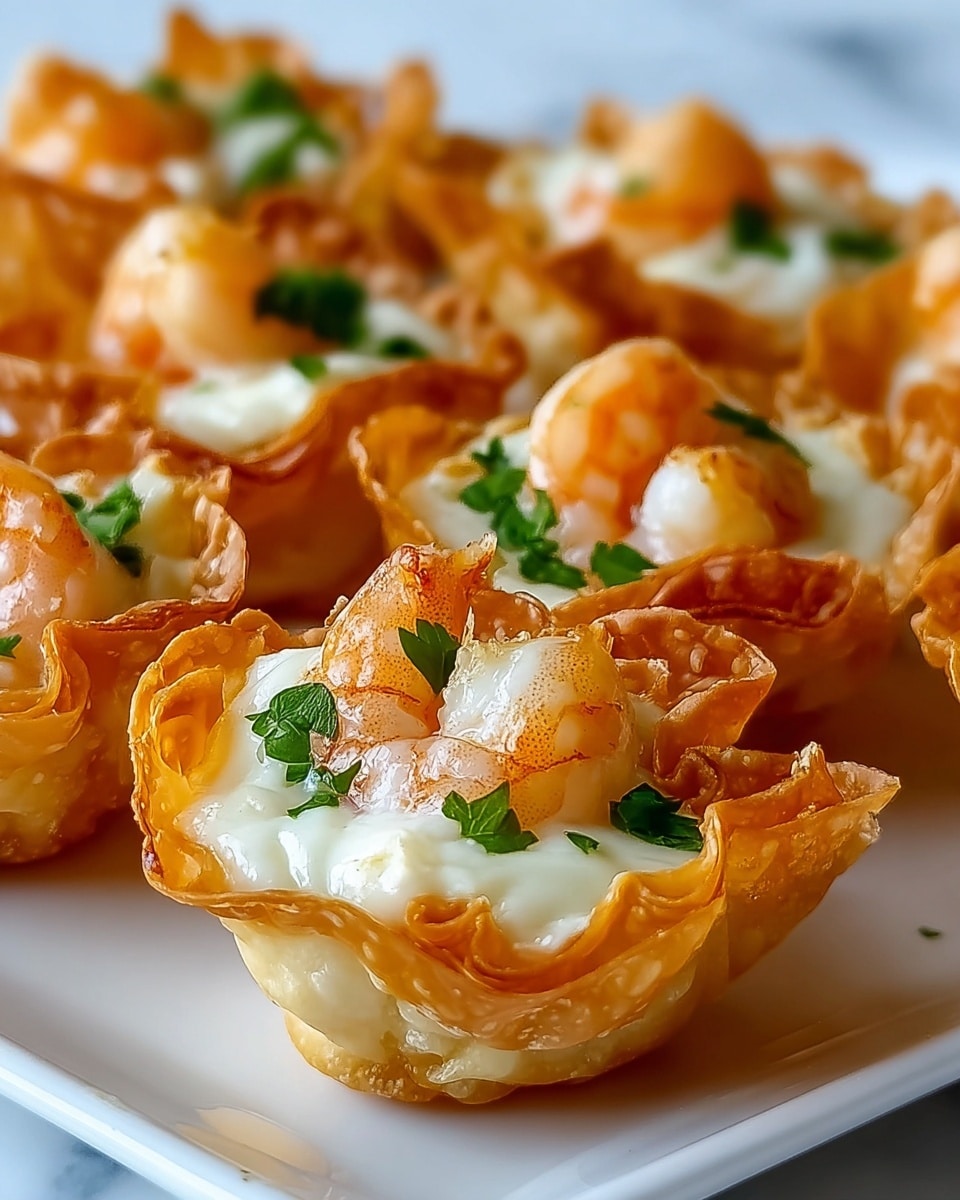 The image shows a close-up of small crispy golden baskets made of thin fried dough, each holding a layer of melted creamy white cheese topped with tender light pink shrimp pieces. Bright green chopped parsley is sprinkled over each basket, adding a fresh contrast. The golden baskets have a delicate, crinkled texture, and the shrimp inside appear juicy and slightly glossy. These bite-sized snacks are arranged on a smooth white plate, placed on a white marbled surface. photo taken with an iphone --ar 4:5 --v 7