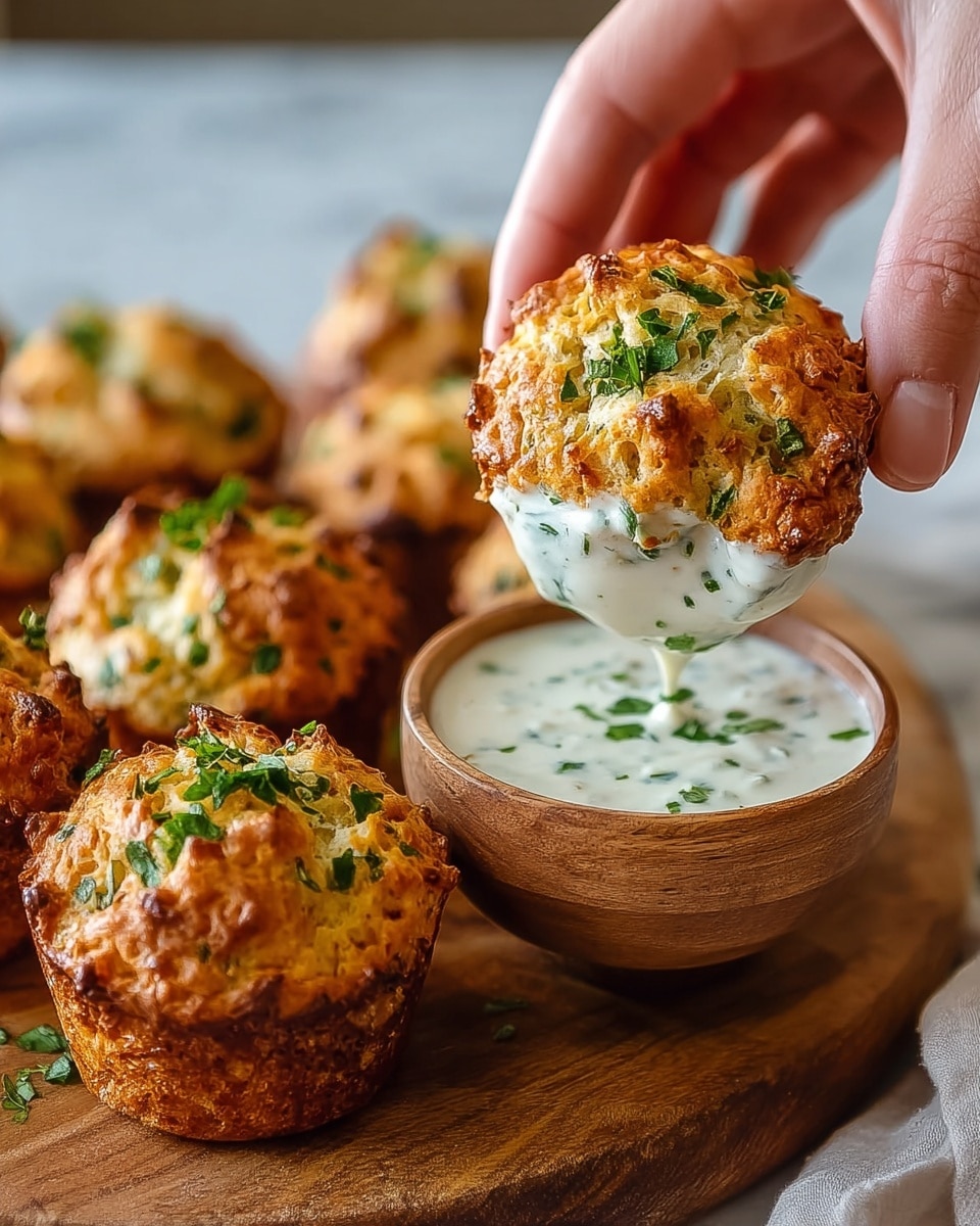 A woman's hand is holding a golden-brown muffin with a rough textured top sprinkled with chopped green herbs. The muffin is being dipped into a small bowl of creamy white sauce speckled with green herbs. Several more muffins with a similar look, having a browned crust and green herb garnish on top, are placed on a wooden board around the bowl. The scene is set against a white marbled texture surface. photo taken with an iphone --ar 4:5 --v 7