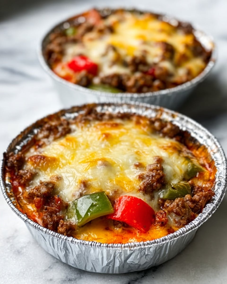 The image shows two small foil containers filled with a baked dish. Each container has a base layer of orange sauce, topped with cooked ground meat mixed with small pieces of red tomato and green sliced peppers. On top, there is a generous layer of melted, slightly browned cheese covering the filling. The containers sit on a white marbled surface, and the lighting highlights the texture and colors of the food. Photo taken with an iphone --ar 4:5 --v 7