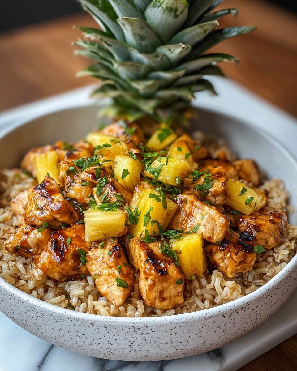 A white speckled bowl filled with a base layer of brown, cooked rice with visible grains, topped with golden-brown grilled chicken pieces glistening with a sticky glaze, mixed with bright yellow pineapple chunks. The dish is garnished with fresh green chopped herbs scattered over the chicken and pineapple. A large pineapple half with green leaves is placed at the back as decoration. The bowl sits on a white marbled surface. Photo taken with an iphone --ar 4:5 --v 7