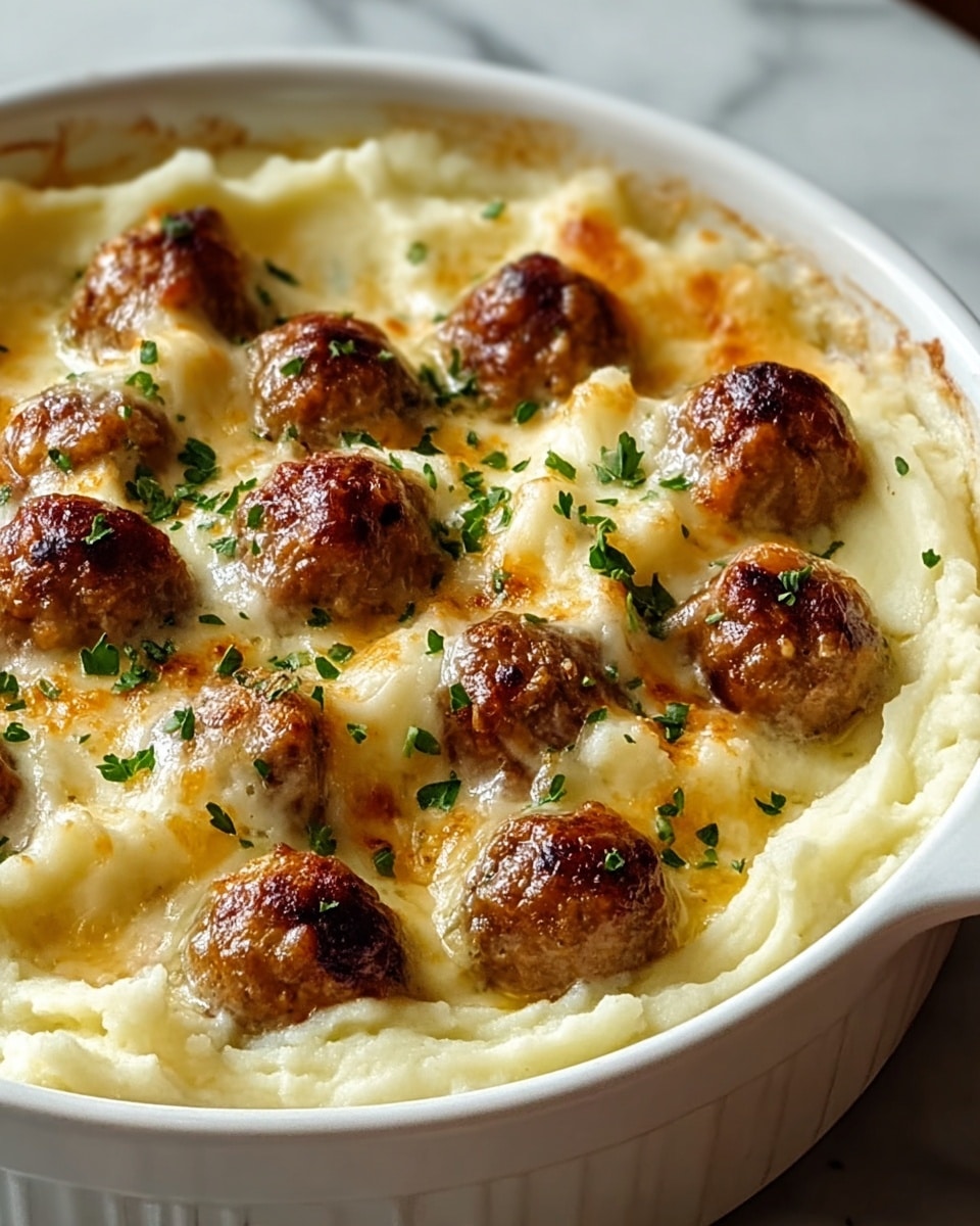 A white casserole dish filled with a layered dish where the bottom layer is smooth, creamy white mashed potatoes shaped unevenly along the edges. On top, there are evenly spaced round browned meatballs with a golden-brown melted cheese covering that is slightly bubbly and caramelized in spots. Small green herb leaves are scattered lightly over the cheese. The dish is set on a white marbled surface. photo taken with an iphone --ar 4:5 --v 7